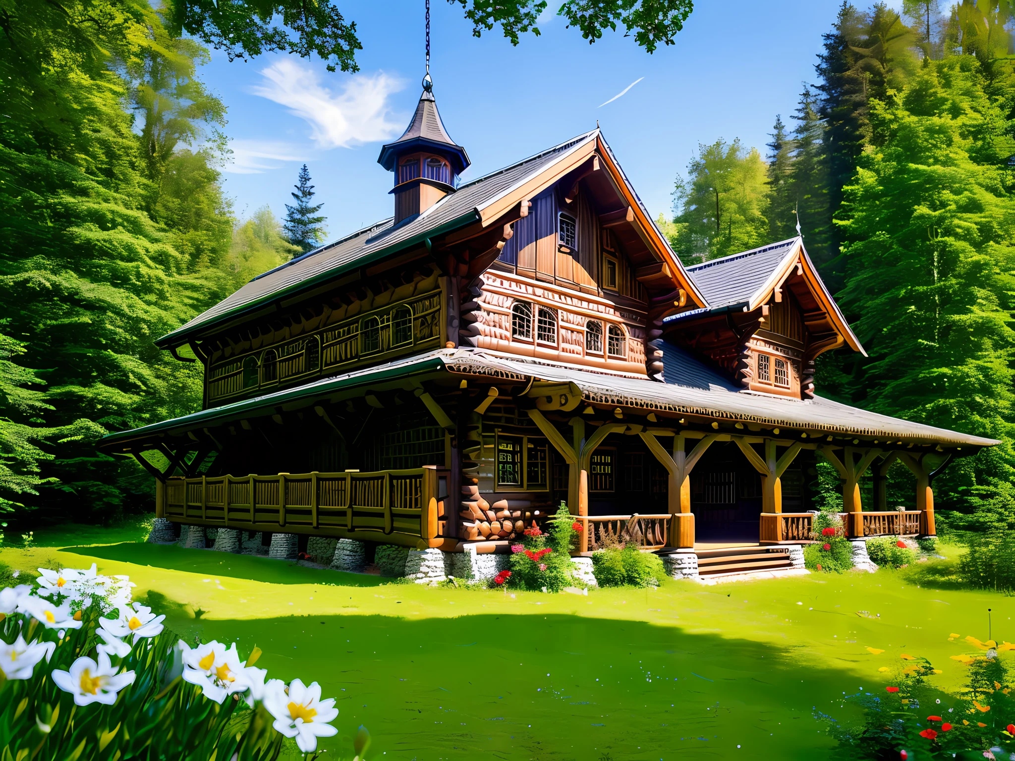 huge wooden Slavonic house, well sunlit, porch, two storeys, carved casings on the windows, small turrets, Slavonic house, wood carvings, by the river against a pine forest background, sunny summer day, very many flowers in front of the house