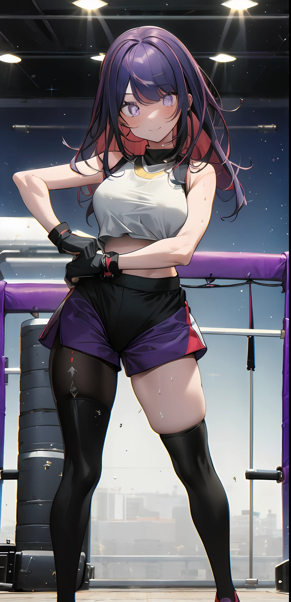 1girl, solo, gym outfit , bangs,happy,posing, multicolored hair, (masterpiece:1.2), highres, best quality, 8k, white tank top t-shirt, gym outfit tight suit, sweating, gym background, purple eyes, star shaped eyes, black tights short-shorts , trainers gloves