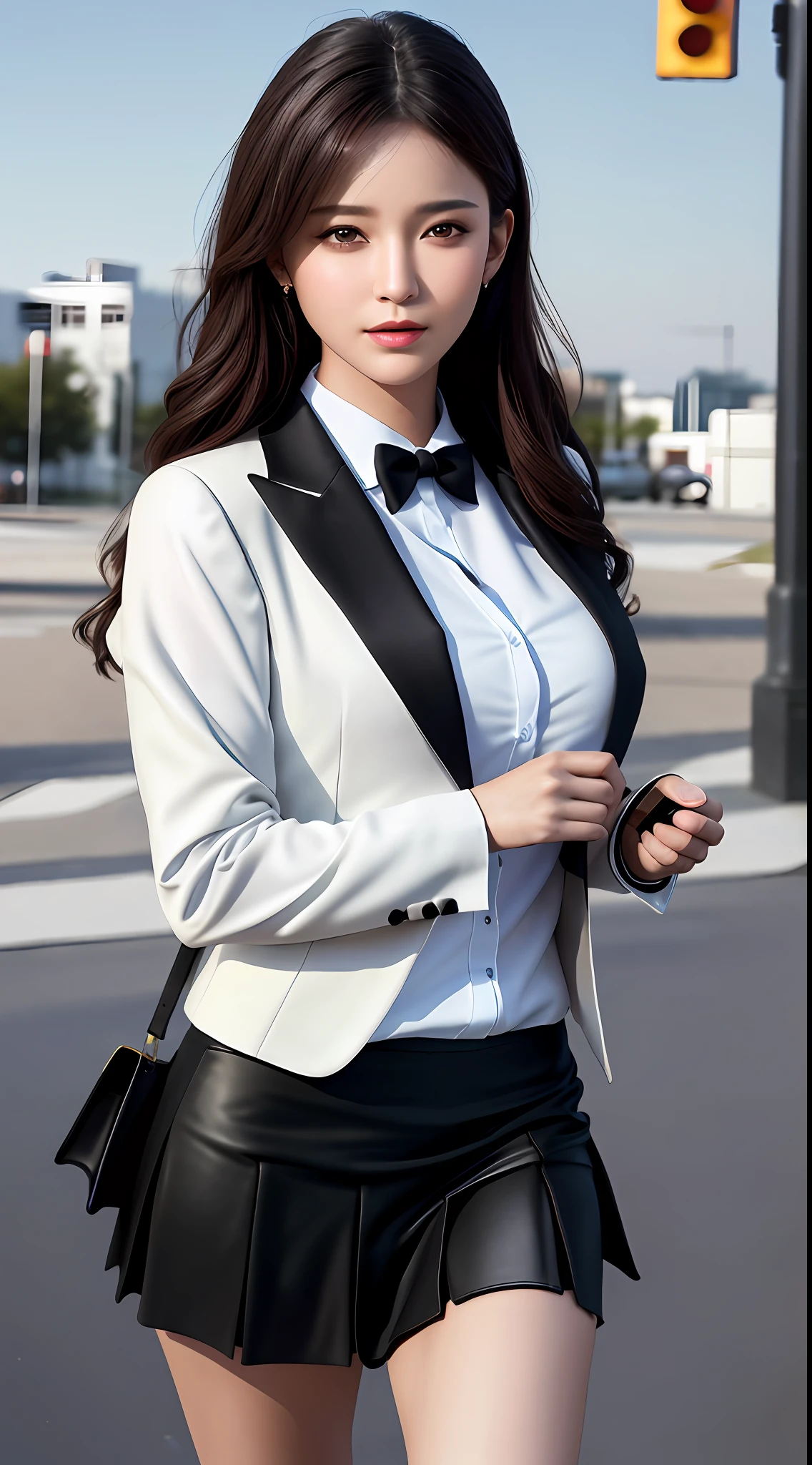 best quality, masterpiece, 1girl, Beautiful face, (photo realistic:1.3), rim lighting, (high detailed skin:1.2), 8k uhd, dslr, high quality, high resolution, 4k, 8k, Bokeh, absurdres, best ratio four finger and one thumb, (realistic:1.3), cute 1girl, wearing black formal blazer, medium breasts, short skirt,