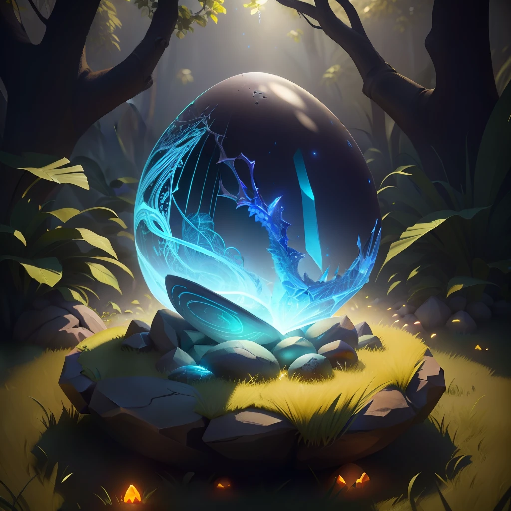 Old magic dragon egg on the ground, around ants and grass and fireflies, 3D rendering, dark neon, crystal, anthill, detailed, ultra quality, photorealistic