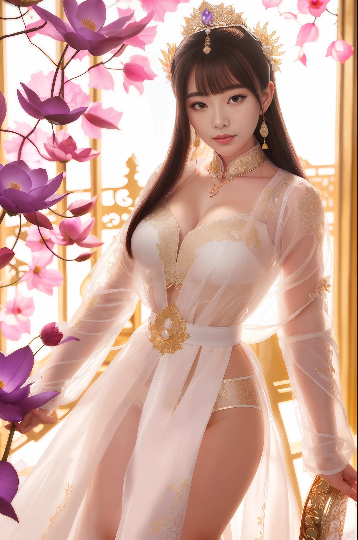 a close up of a woman in a sexy transparent white gold low-cut lace armor cleavage breasts with a lotus flower in her hand, head jewelry, violet necklace, jade belt , a beautiful fantasy empress, ((a beautiful fantasy empress)), beautiful celestial mage, beautiful character painting, full body xianxia, portrait knights of zodiac girl, by Yang J, g liulian art style, fantasy art style, foreshortening