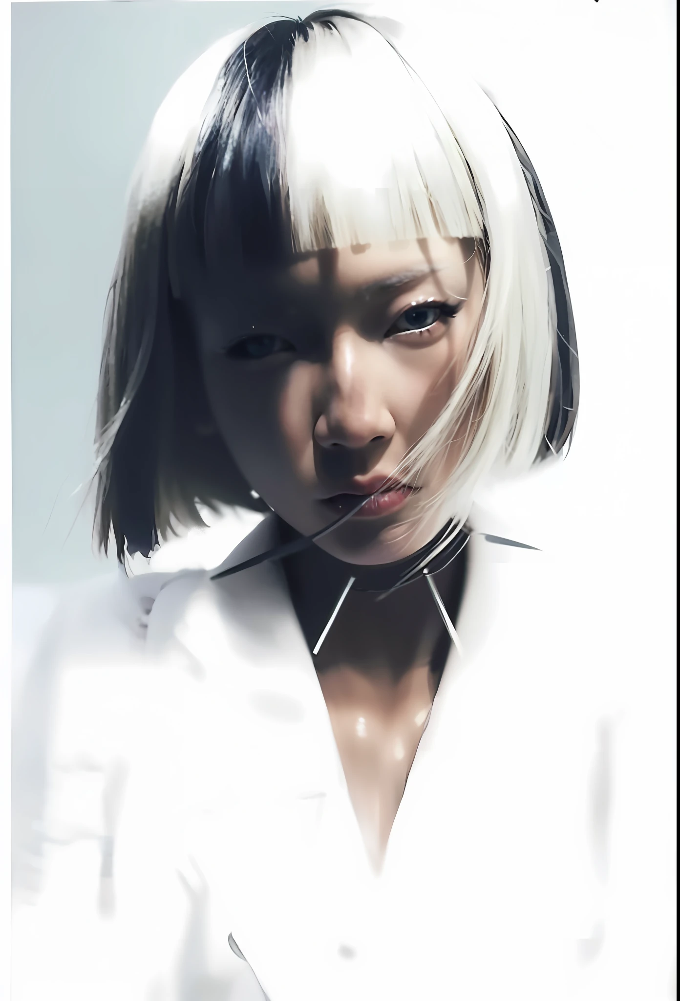 arafed image of a woman with a white shirt and a tie, portrait a woman like reol, white hime cut hairstyle, white cyborg fashion shot, rei kawakubo artwork, by Kanō Naizen, hair whitebangs hair, white bangs, inspired by Kanō Naizen, inspired by Shigeru Aoki, shikamimi