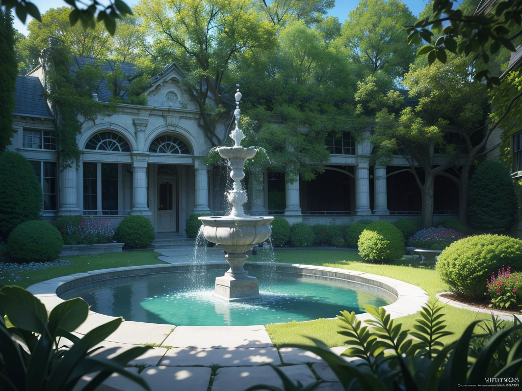 old manor house with gorgeous fountain in the center of the garden, garden with lots of colorful flowers surrounded by trees, , isometric 3D, octane rendering, ray tracing, super detailed, cinematic lighting, soft textures, digital painting, rich 3d rendering, hyper-realistic painting, 8k, hd, masterpiece, premium photography, depth of field, photorealism, very detailed, artstation trend, CGsociety trend, intricate, Midjourney v5