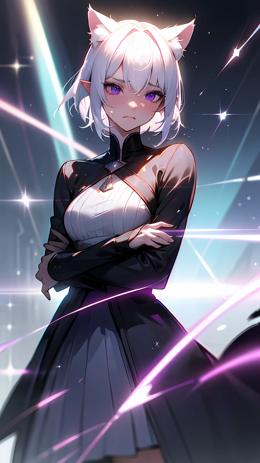 white hair, very short hair, wet hair, purple eyes, upturned eyes, longeyelashes, raised eyebrows, cat ears, pointy ears, shy, embarrassed, lens flare, cinematic lighting, sparkle, anatomically correct, textured skin, super detail, high details, high quality, award winning, best quality, highres