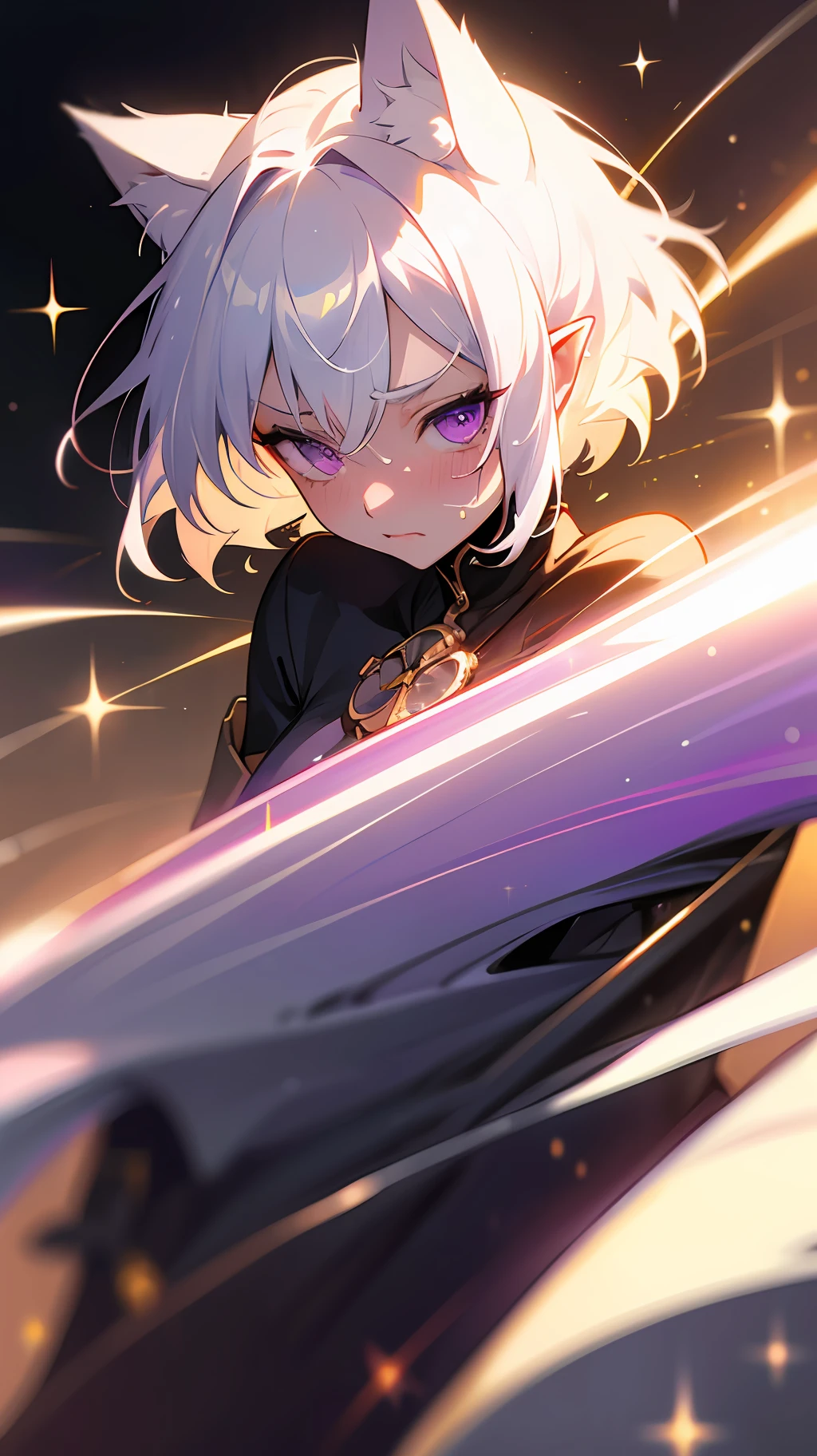 white hair, very short hair, wet hair, purple eyes, upturned eyes, longeyelashes, raised eyebrows, cat ears, pointy ears, shy, embarrassed, lens flare, cinematic lighting, sparkle, anatomically correct, textured skin, super detail, high details, high quality, award winning, best quality, highres