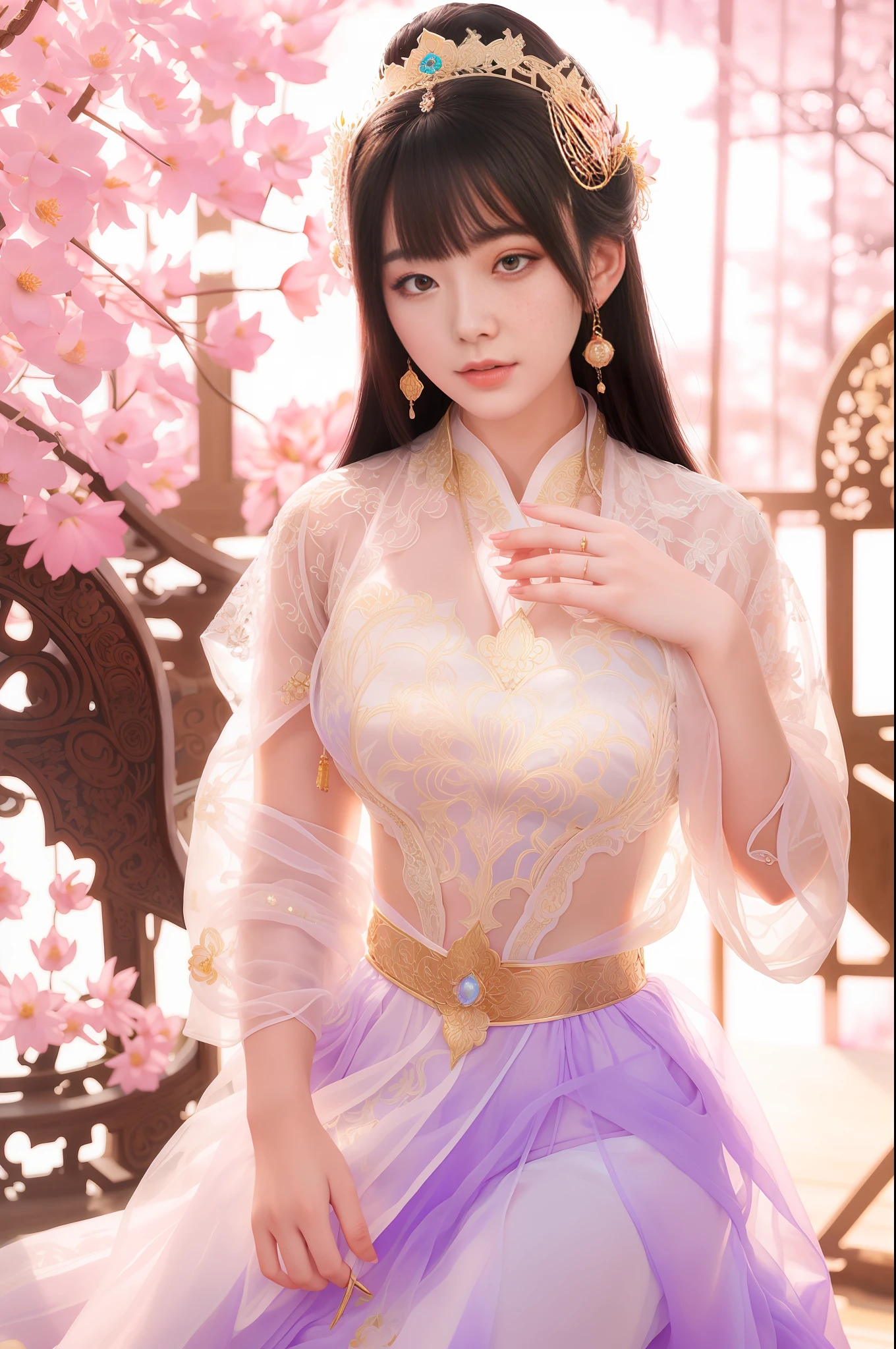 a close up of a woman in a sexy transparent white gold low-cut lace armor cleavage breasts with a lotus flower in her hand, head jewelry, violet necklace, jade belt , a beautiful fantasy empress, ((a beautiful fantasy empress)), beautiful celestial mage, beautiful character painting, full body xianxia, portrait knights of zodiac girl, by Yang J, g liulian art style, fantasy art style, foreshortening