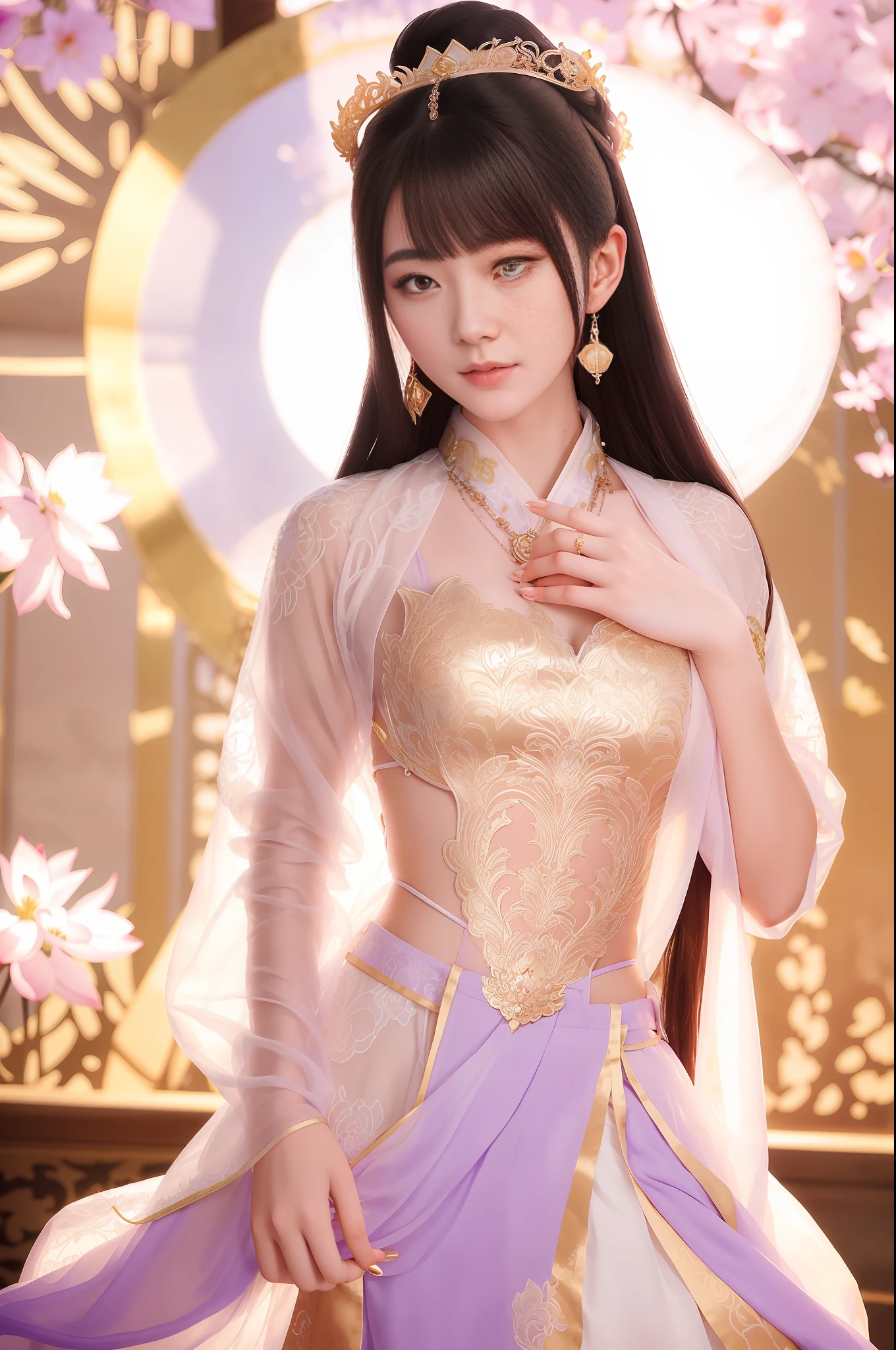 a close up of a woman in a sexy transparent white gold low-cut lace armor cleavage breasts with a lotus flower in her hand, head jewelry, violet necklace, jade belt , a beautiful fantasy empress, ((a beautiful fantasy empress)), beautiful celestial mage, beautiful character painting, full body xianxia, portrait knights of zodiac girl, by Yang J, g liulian art style, fantasy art style, foreshortening
