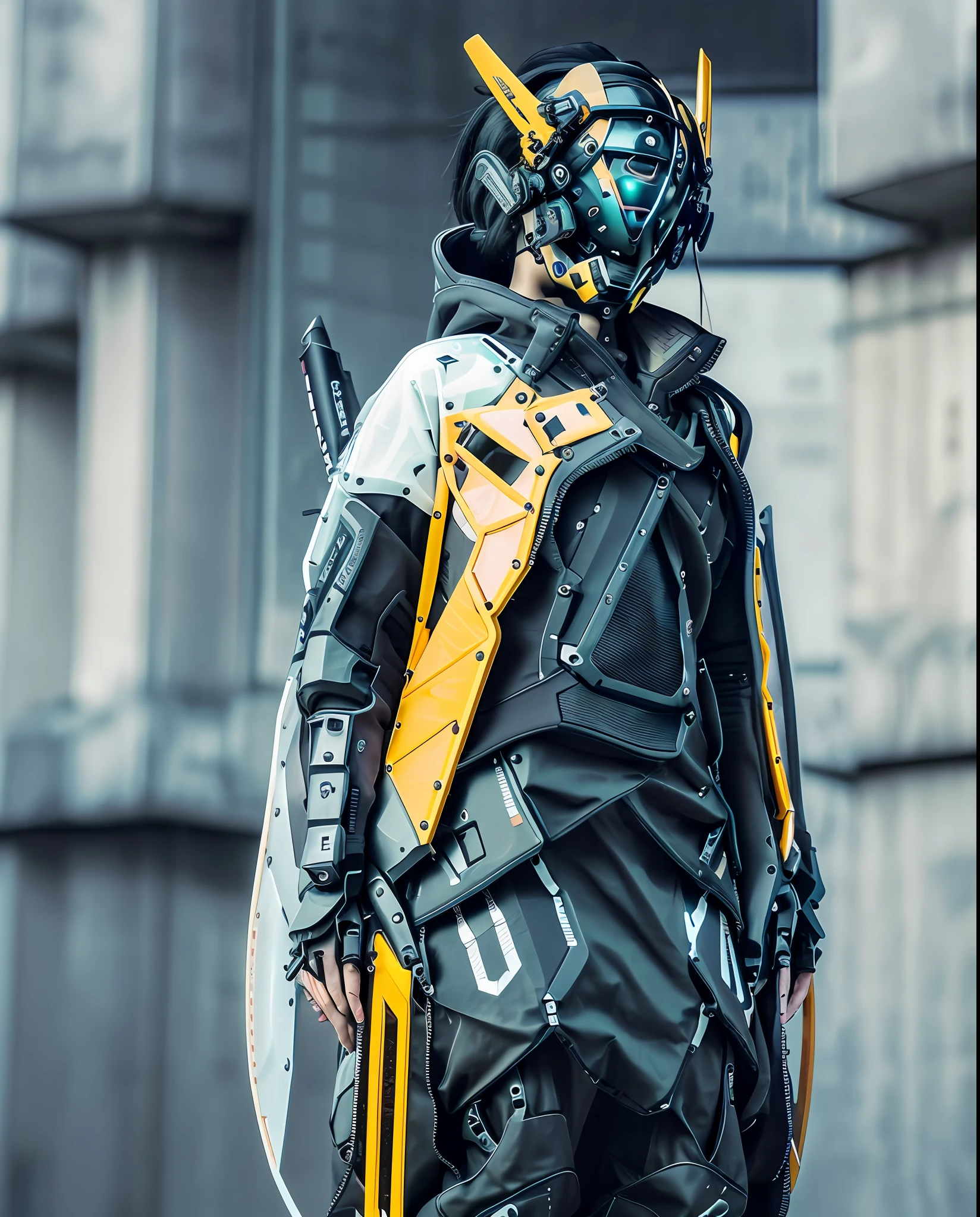 woman in white aero helmet with with transparent glass, perfect face, yellow harajuku fashion with japan graphic typograph symbol, with a cyberpunk mask, vr headset, wearing japanese techwear, inspired by gundam aerodynamic design techwear, photograph of a techwear woman, cyberpunk streetwear, wearing cyberpunk streetwear, techwear, cyberpunk techwear, techwear fashion, future techwear, wearing techwear and armor, futuristic techwear, 1 techwear women, very beautiful cyberpunk samurai, techwear look and clothes, glossy, super glossy, cyberpunk