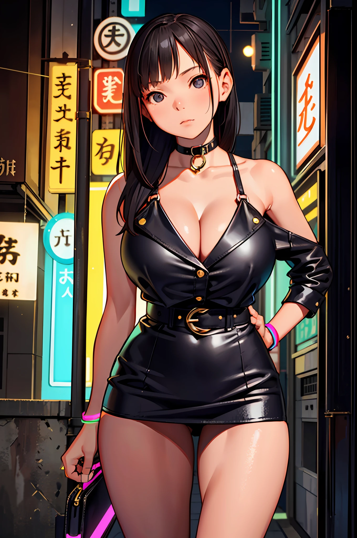 masterpiece, best quality, 2girl, young girl, black eyes, burgoly, straight hair, mocking _face, shiny skin, huge breasts, nice leg line: 1.3, thick thighs, thin waist, Cleavage_white_button-down_blouse, high-waisted_black_pencil_skirt, black_strappy_heels, gold_choker_necklace, black_leather_clutch, cityscape, looking at viewer, cowboy shot, upper body, night, narrow streets of Hong Kong, (neon:1.3)