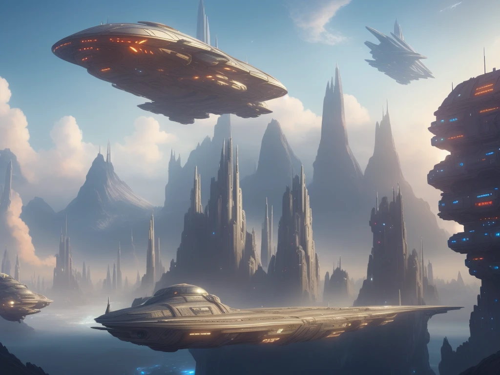 spaceships flying over a futuristic city in a sci - fi environment, in fantasy sci - fi city, sci-fi fantasy wallpaper, huge futuristic temple city, ancient sci - fi city, an alien city, jessica rossier fantasy art, sci - fi landscape, sci-fi landscape, sci fi landscape, sci-fi fantasy desktop wallpaper, beautiful sci fi art