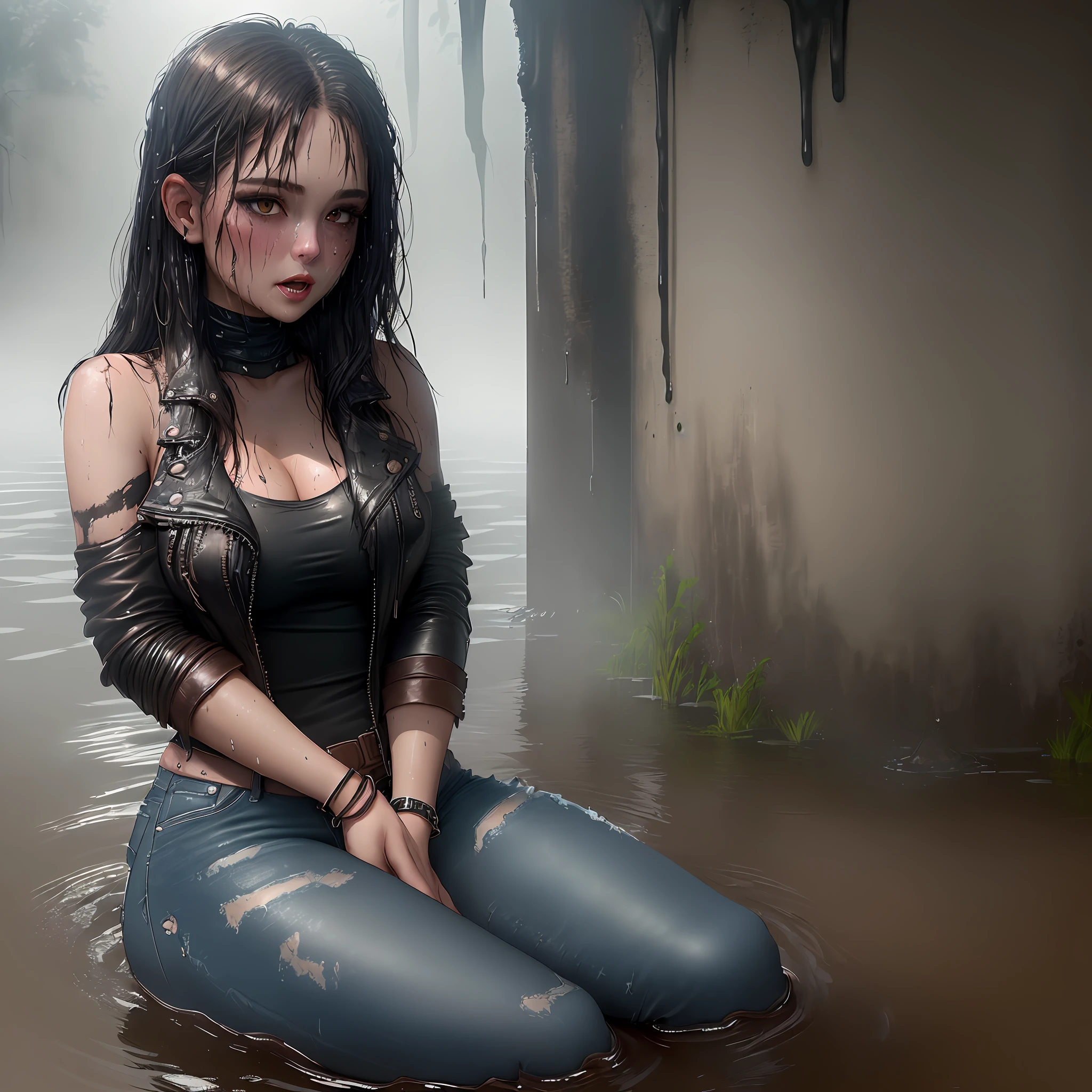 (high quality, ultra-detailed), (gloomy environment, dark temperature, lighting from above, shading from below), (cute woman, slim, makeup| dripping makeup, accessories, tall, sweaty, excitement, fear, blush, drowning in a swamp, getting wet, disheveled beautiful thick shoulder-length hair), (blue jeans, pants, water drips, dirt, dripping, dirt stains, smeared with mud), a simple leather jacket made of dark leather, bracelet on the arm, light skin, (seduces), swampy terrain,  (thick fog | fog around), rain and muddy swamp. You can see your feet in the water. mistress attraction seduced by sexual position