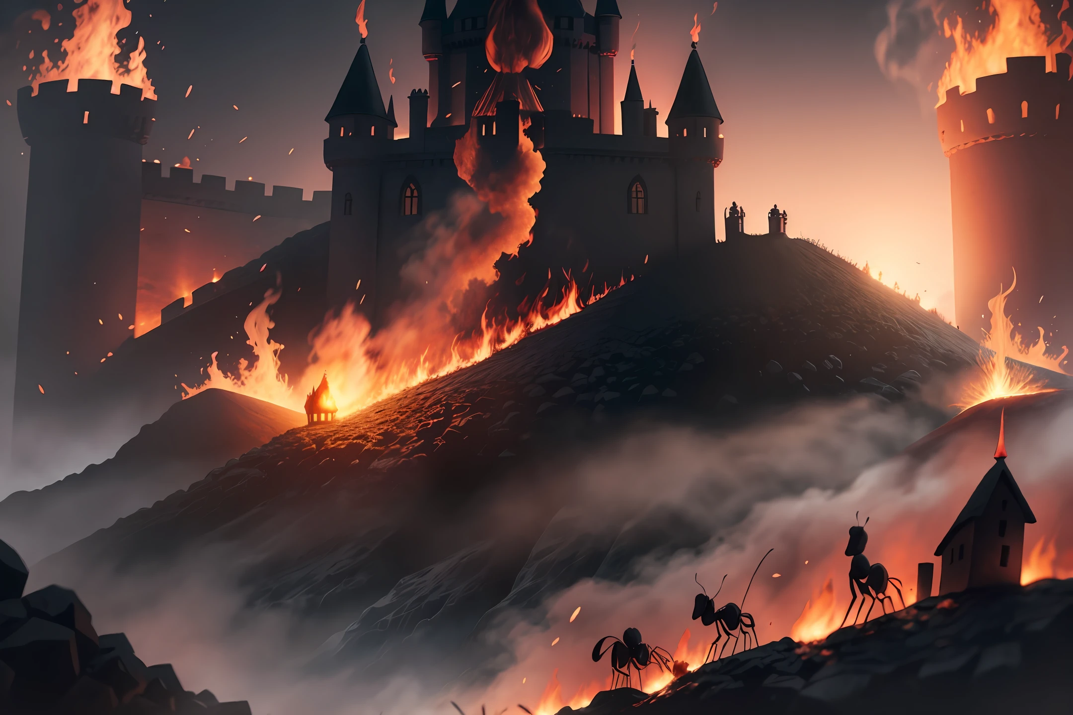 ant in the fire near the castle, 4k