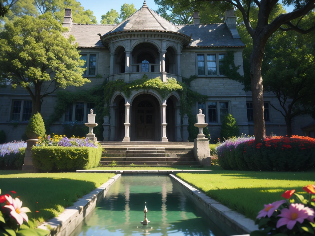 old manor house with gorgeous fountain in the center of the garden, garden with lots of colorful flowers surrounded by trees, , Evening, golden hour, ray tracing, super detailed, cinematic lighting, soft textures, digital painting, rich 3d rendering, hyper-realistic painting, 8k, hd, masterpiece, premium photography, depth of field, photorealism, very detailed, Midjourney v5+Lexica