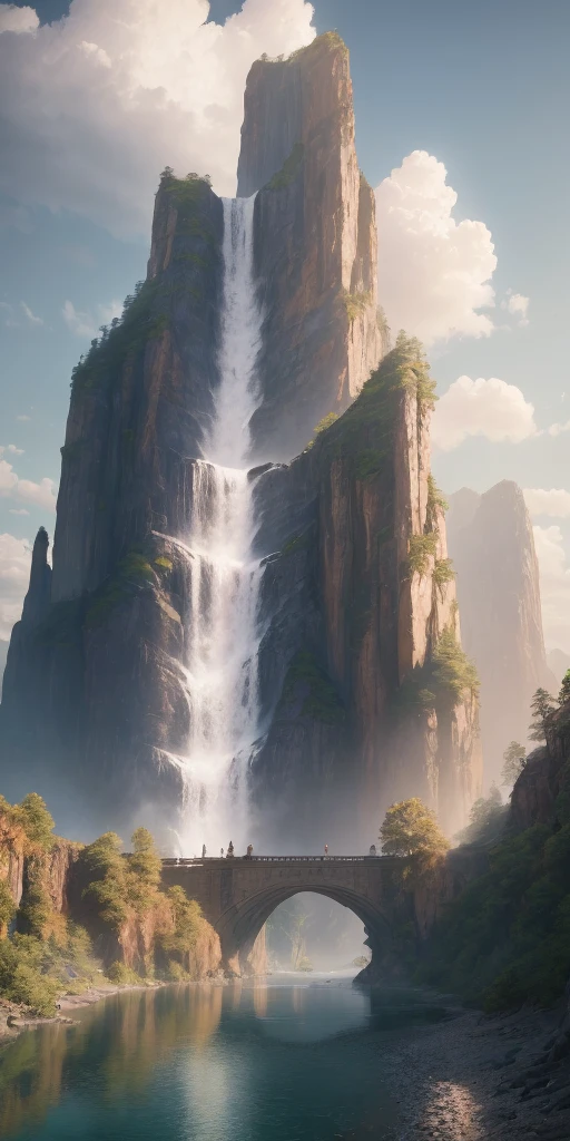 masterpiece, best quality, high quality, extremely detailed CG unity 8k wallpaper, scenery, outdoors, sky, cloud, day, no humans, mountain, landscape, water, tree, blue sky, waterfall, cliff, nature, lake, river, cloudy sky,award winning photography, Bokeh, Depth of Field, HDR, bloom, Chromatic Aberration ,Photorealistic,extremely detailed, trending on artstation, trending on CGsociety, Intricate, High Detail, dramatic, art by midjourney