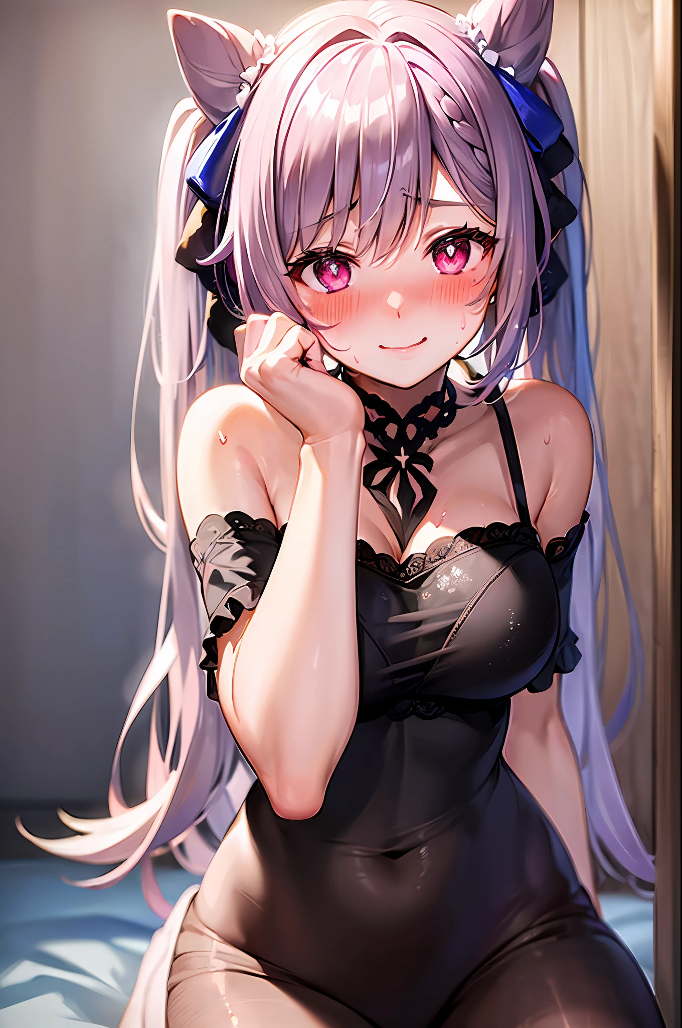 Beautiful, (blushing face:1.5), smiling, (naked:1.3), (see-through lingerie:1.4), (sweaty:1.2), (heart-shaped pupil:1.5), ((erotic pose))