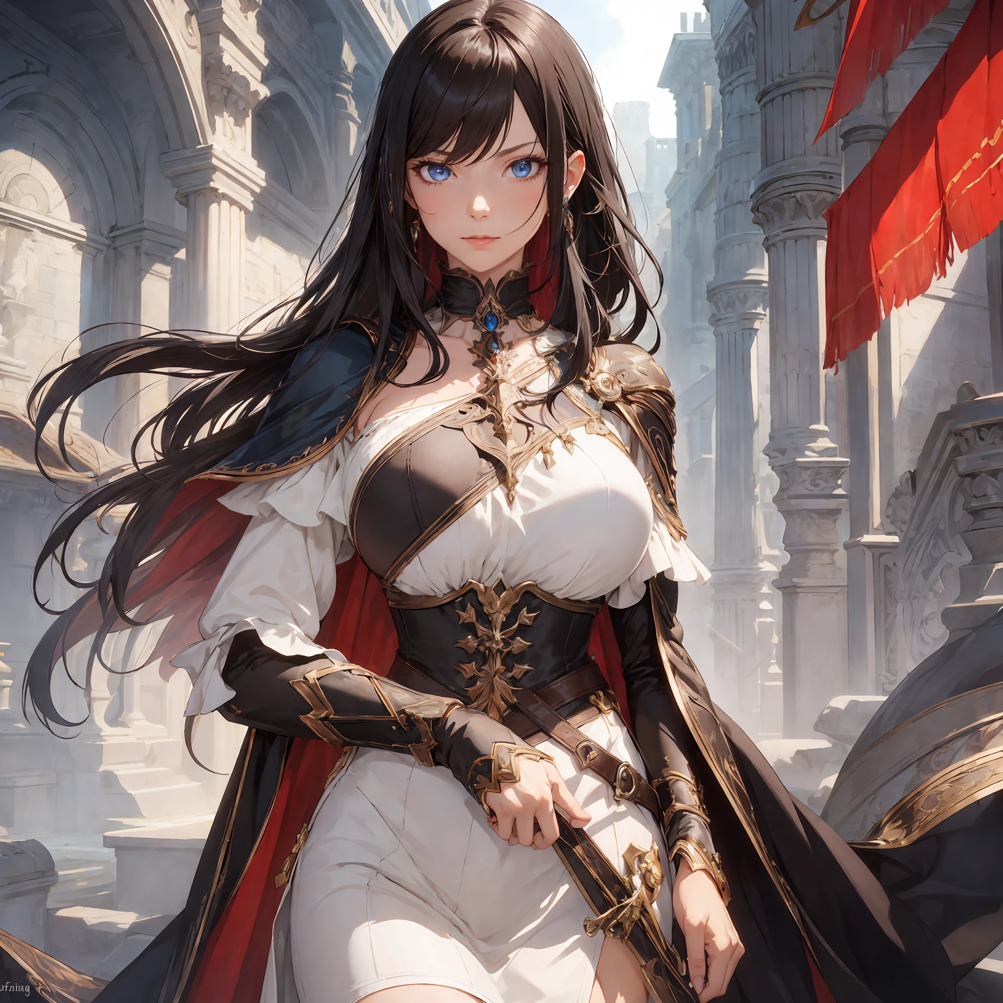 masterpiece, best quality, 1woman, adult, older MILF, female focus, solo, black hair, long hair with fringe, vibrant blue eyes, looking at viewer, cape, High quality metal texture, closed mouth, bangs, high collar,(kbxll:0.6), Fantasy aesthetics, Highly detailed, shadowverse style, black dress