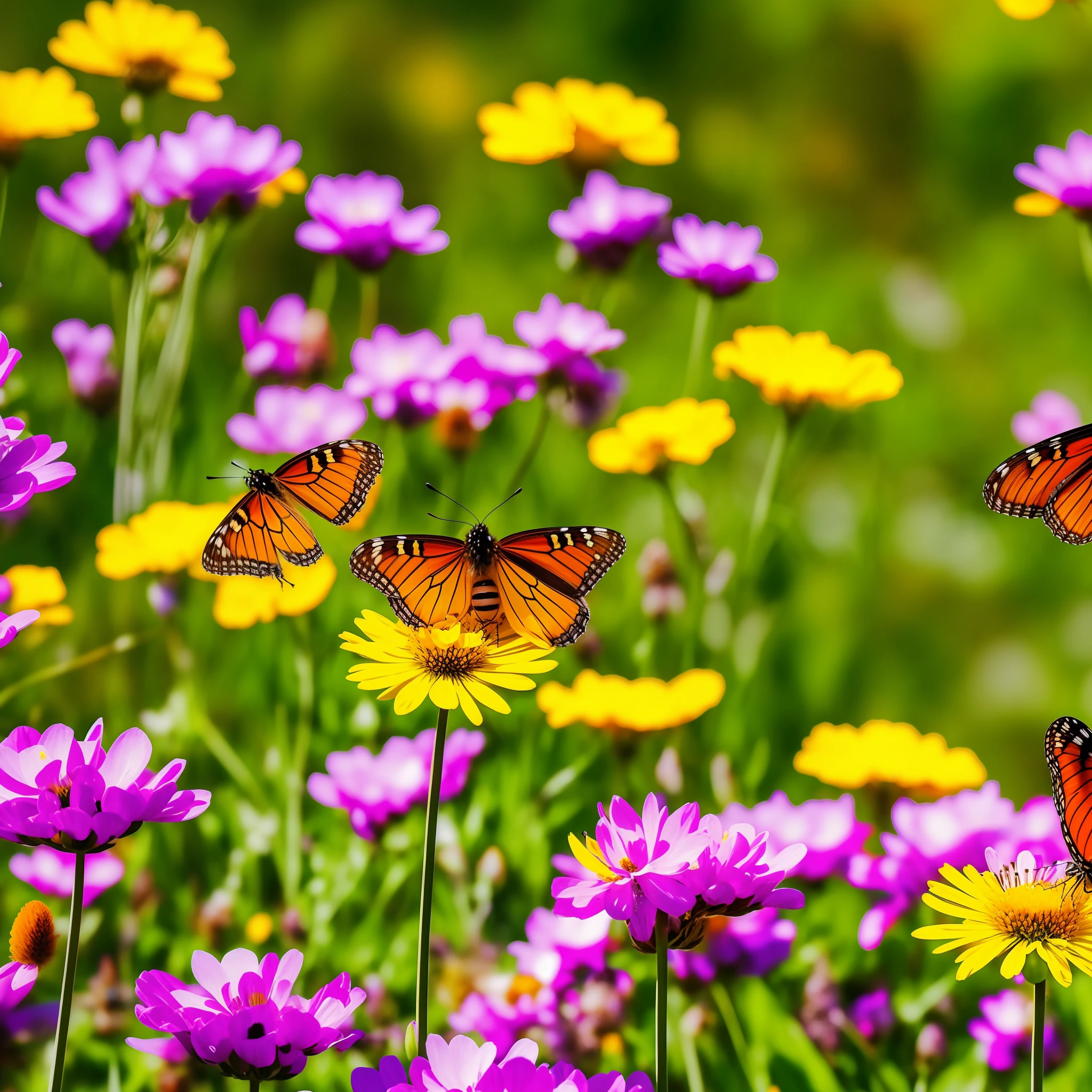 beautiful spring picture with the letters: "relaxed Sunday for everyone", Harzer Heide meadow, flowers, bees and butterflies, hyperrealistic, 4k, nature dynamic