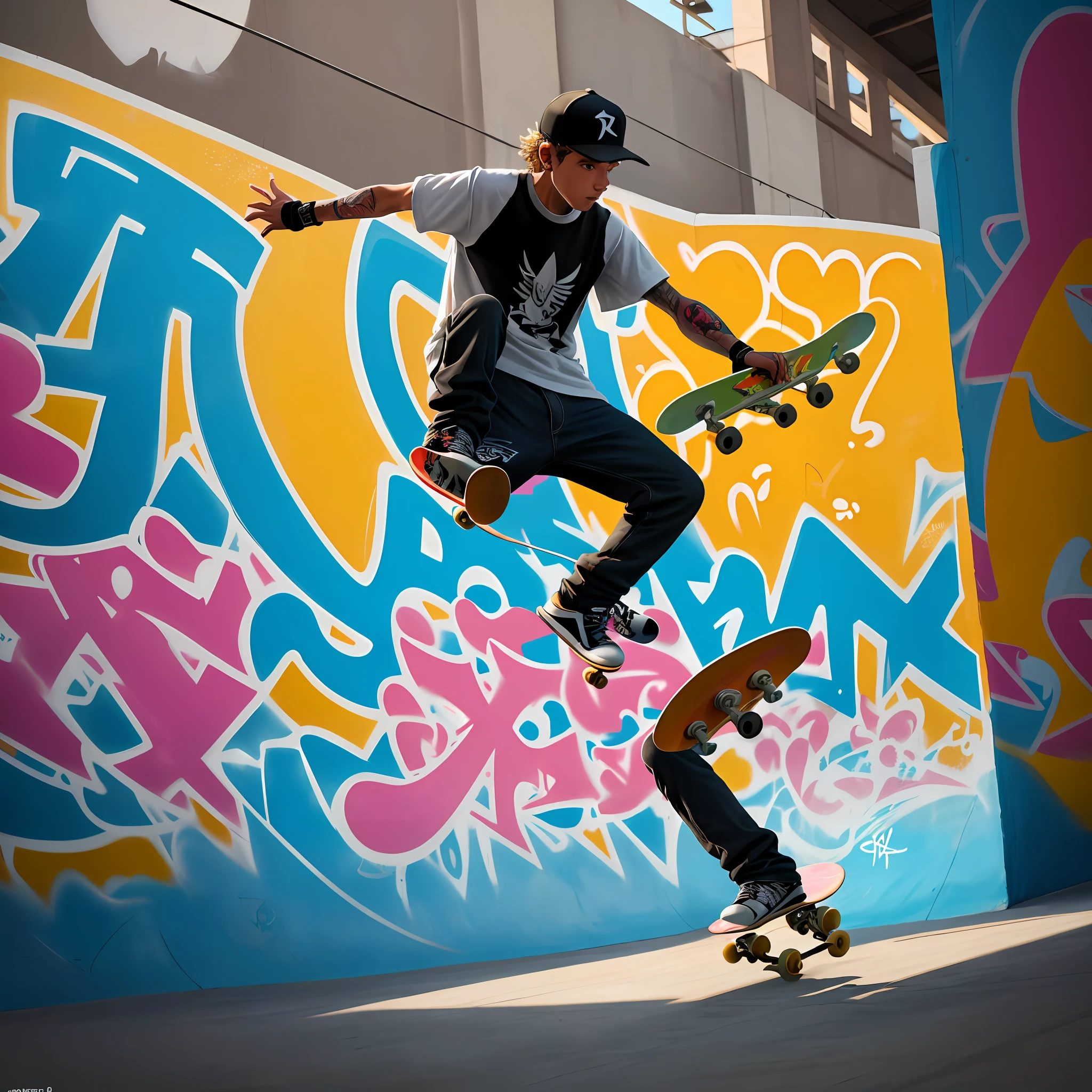 Skateboarder doing maneuver in the skate park, various graffiti, bright colors, well-lit environment, 8k quality