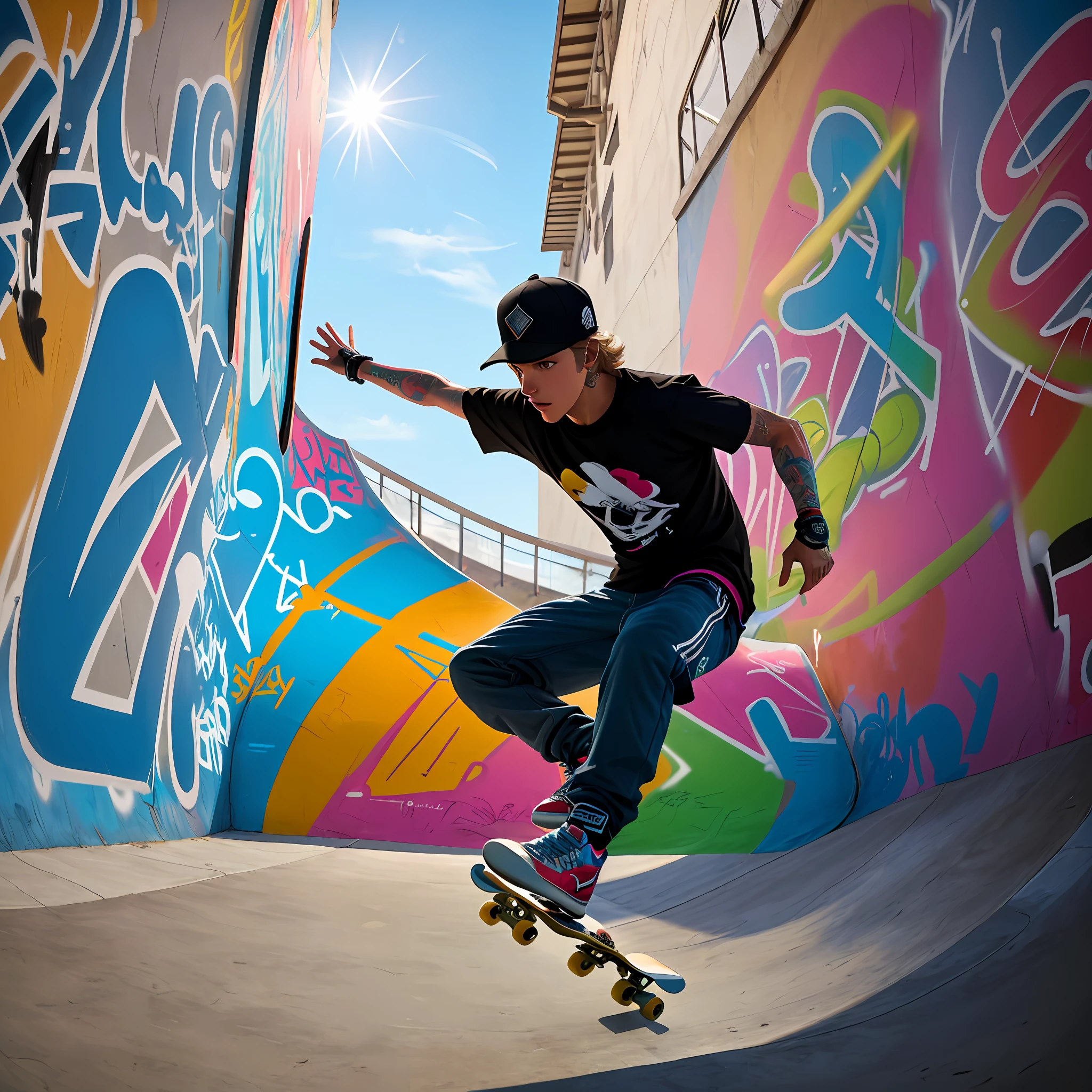 Skateboarder doing maneuver in the skate park, various graffiti, bright colors, well-lit environment, 8k quality