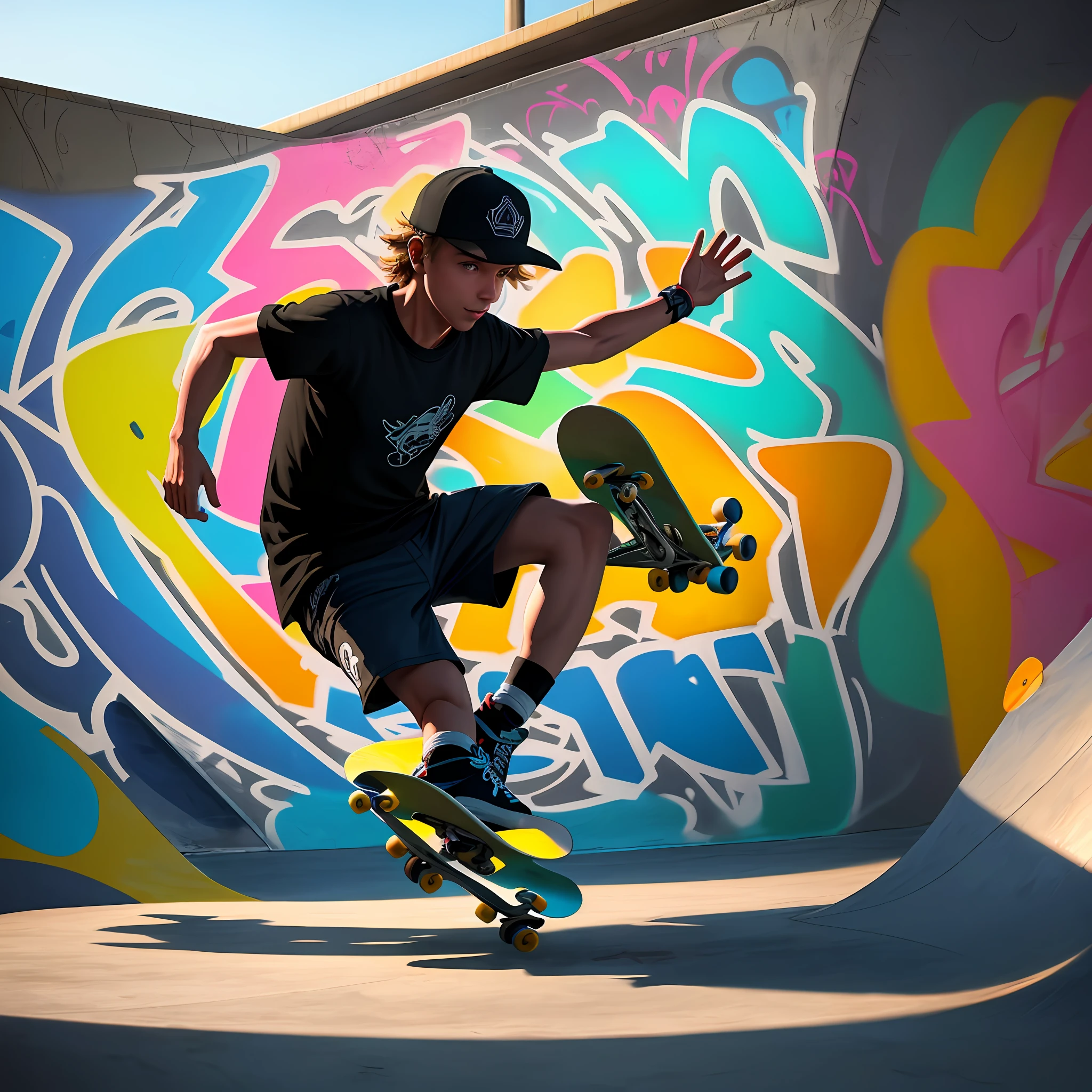 Skateboarder doing maneuver in the skate park, various graffiti, bright colors, well-lit environment, 8k quality