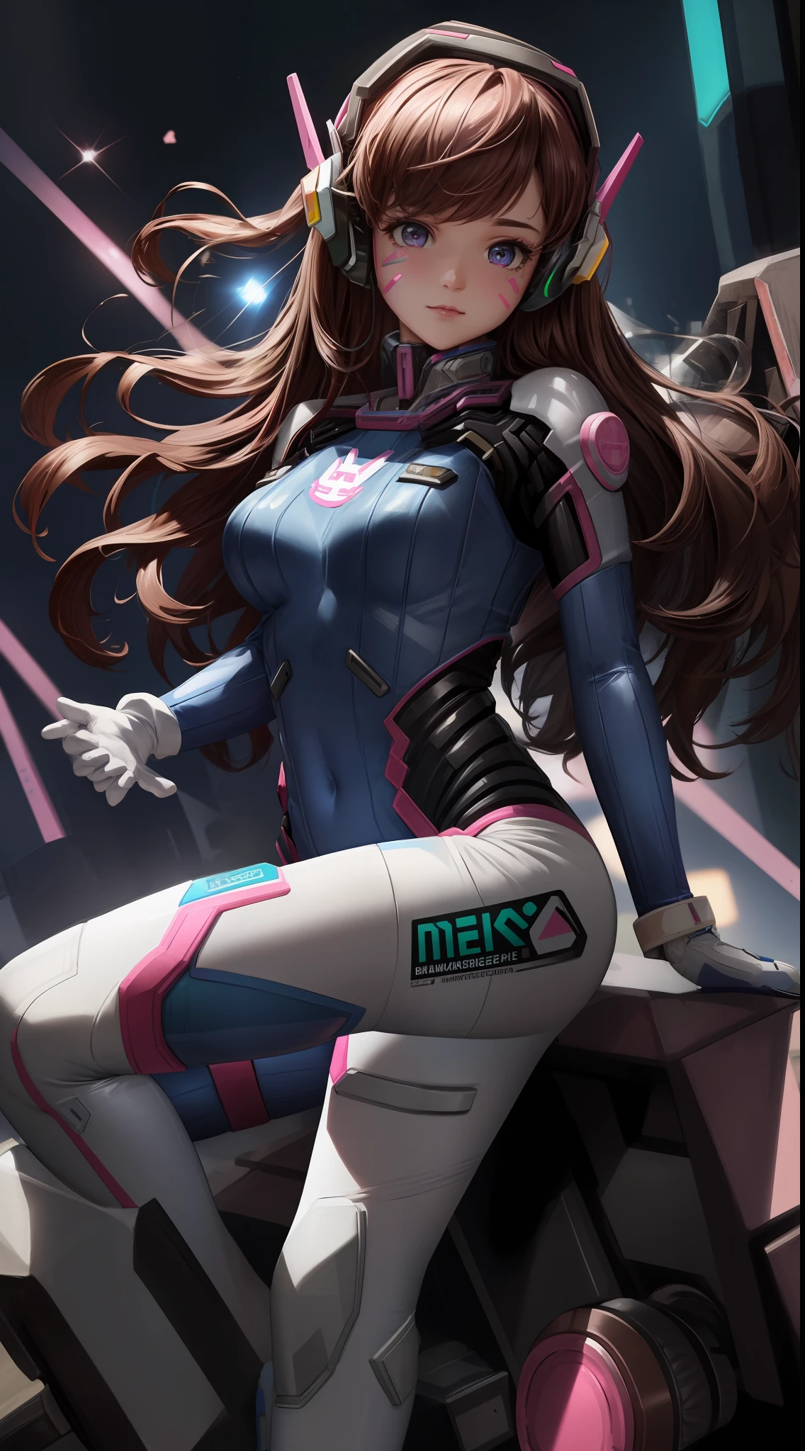 Masterpiece, Best Quality, High Resolution, 1Girl, Ultra High Resolution, Solo, Mech Pilot, D.VA, Headphones, Pink Eyes, Blue Tights, Brown Hair, White Gloves, Face Decoration