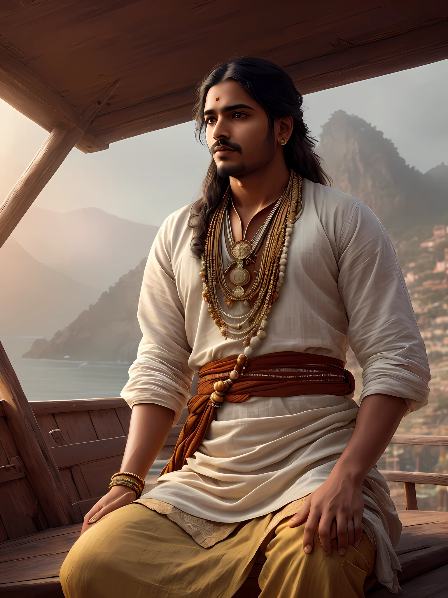 a photo portrait abhinavagupta sitting in meditation, male, Indian man, natural skin texture, 24mm, 4k textures, dirty skin, soft cinematic light, adobe lightroom, photolab, (detailed eyes: 1.1), best quality, illustration, (detailed lighting: 1.2), (beautiful detailed brightness: 1.3), white indian clothing, deep neckline, intricate, digital painting, soft, sharp focus, Indian village, realistic epic, (HDR:1.4), (muted colors:1.4), neutral colors, night, refractions of screen space, (intricate details, hyperdetailed:1.3), cinematic photo, vignette, seaship deck background, pirate ship battle background, faint colors