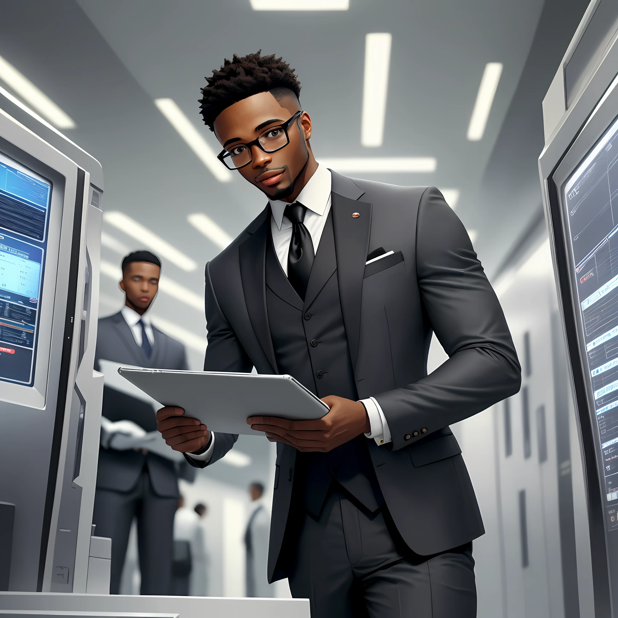 A well-dressed black man socially, with a clipboard in his hands, in a futuristic stock environment, watching while other people work, realistic