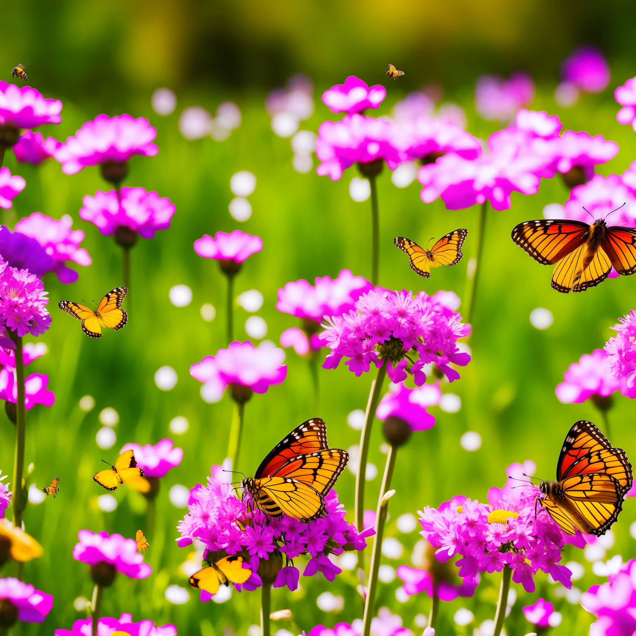 beautiful spring picture with the letters: "relaxed Sunday for everyone", Harzer Heide meadow, flowers, bees and butterflies, hyperrealistic, 4k, nature dynamic