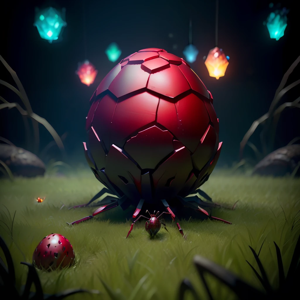 red spider sitting on an old magic dragon egg on the ground, around ants and grass and fireflies, 3D rendering, dark neon, crystal, anthill, detailed, ultra quality, photorealistic, 3D rendering, 16:9, magic theme