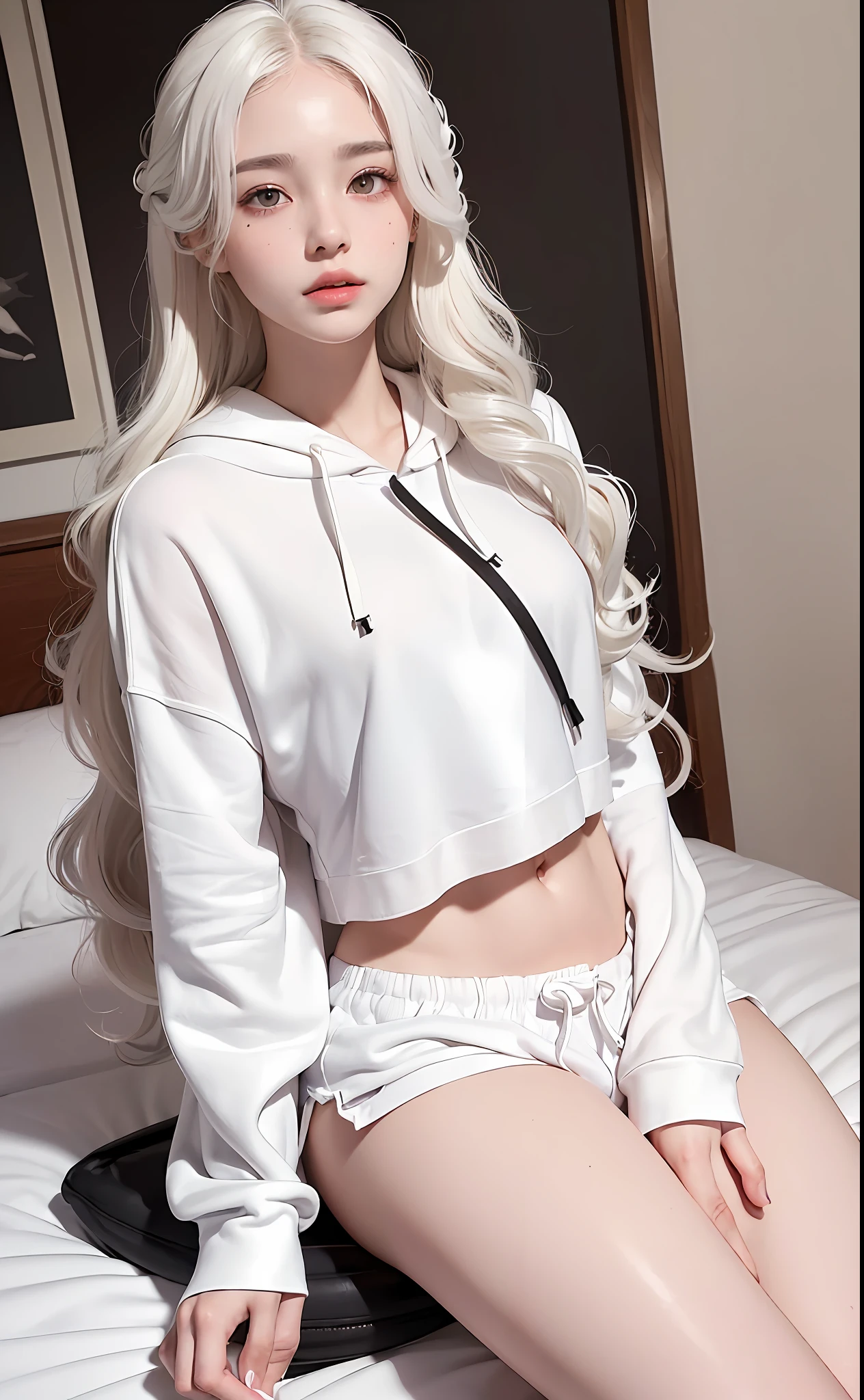 (Masterpiece, Photorealistic, High Resolution), ((1girl):1.2), Korean, ((white wavy hair):1.3), (Heterochromia eyes:1.1, Thick eyebrows, small mole below eye), (white open hoodie, black gym shorts), ((medium breast):1.2, small waist, large thighs), sitting on bed