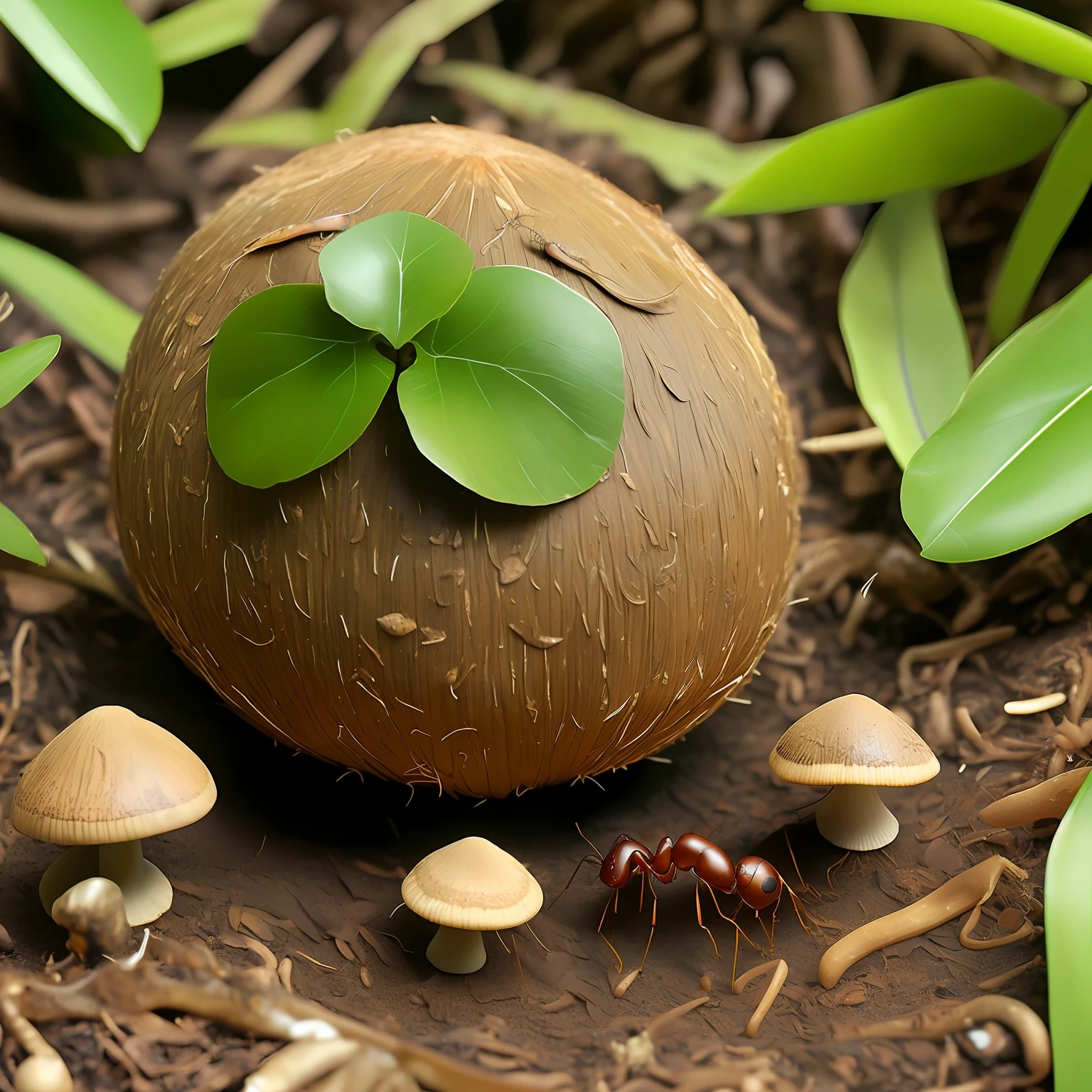 Please generate a visually striking image resembling a lifelike 3D artwork of an ant hill. Use a single whole brown coconut shell, representing the distinct shape, texture, and coloration of a real coconut, as the central element. Position the coconut shell upright on a flat surface to accurately depict the structure of an ant hill. Arrange loose leaves, varying in size, shape, and shades of green, meticulously around the coconut shell to emulate a natural forest floor. Place small mushrooms near the ant hill, ensuring they blend seamlessly with the composition. Please prioritize the faithful representation of the coconut shell and the overall appearance of an authentic ant hill.