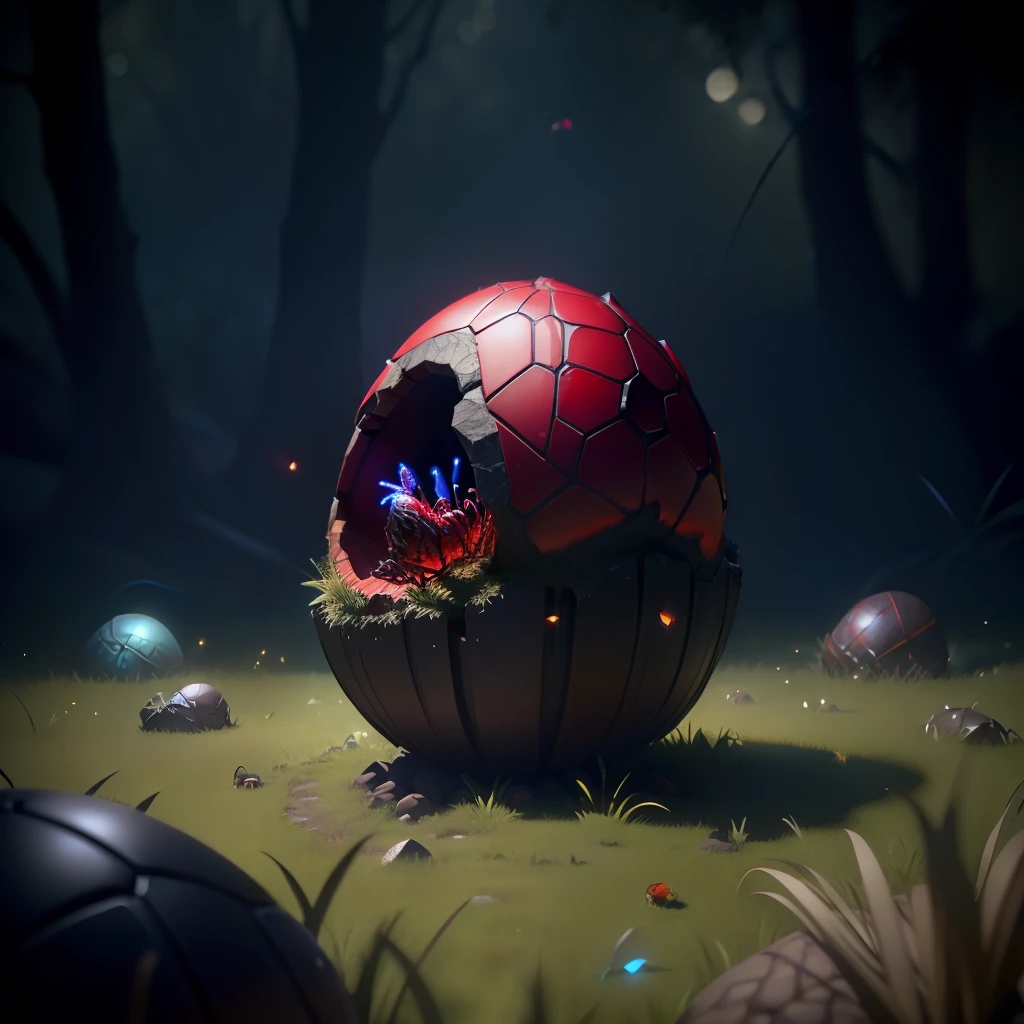 red spider sitting on an old magic dragon egg on the ground, around ants and grass and fireflies, 3D rendering, dark neon, crystal, anthill, detailed, ultra quality, photorealistic, 3D rendering, 16:9, magic theme