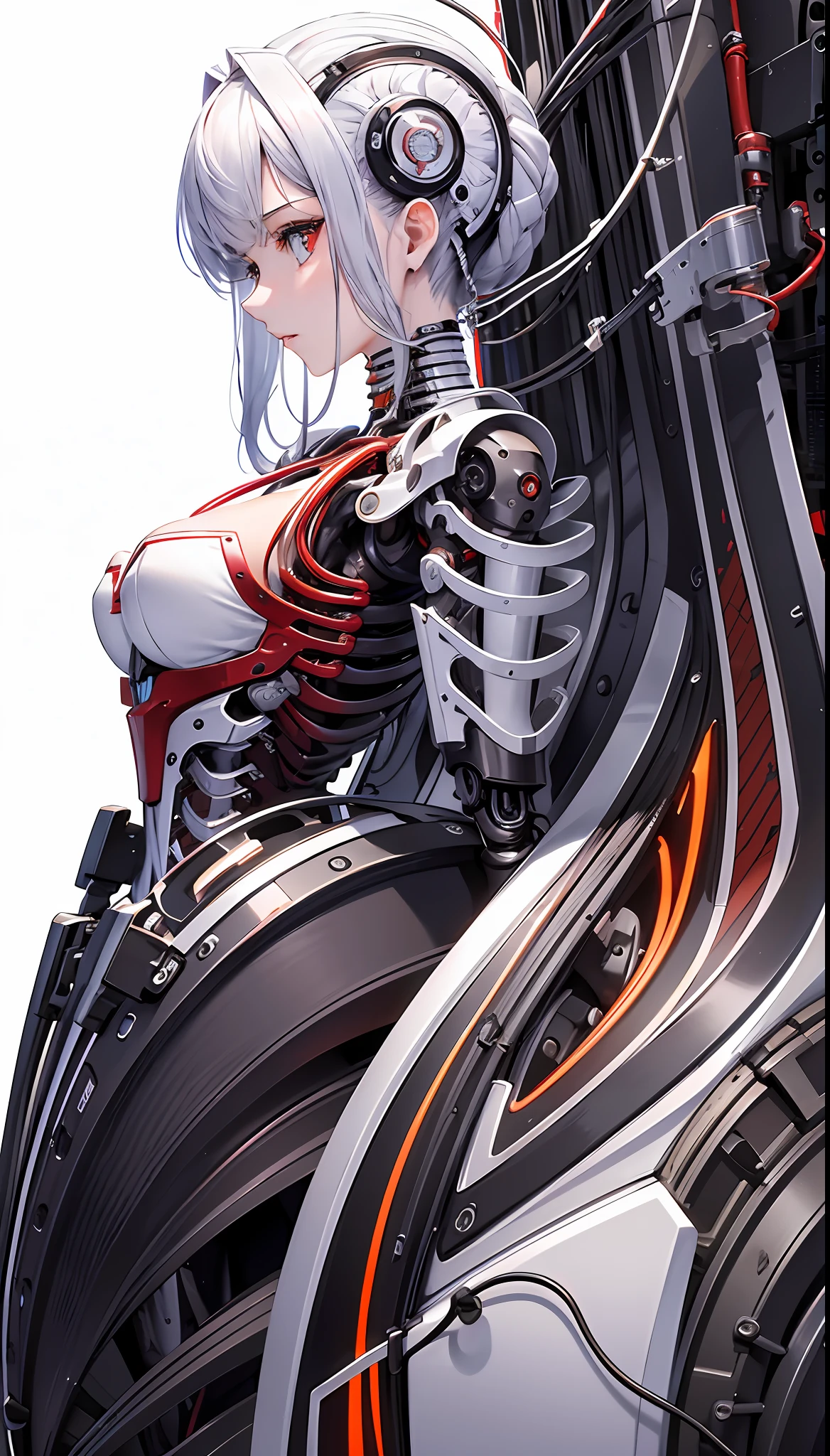 (Masterpiece, Top Quality, Best Quality, Official Art, Beautiful Indulgence: 1.2), (1 Girl: 1.3), Very Detailed, Colorful, Supreme Detail ((Ultra Detailed)), (Highly Detailed CG Illustration), (Very Delicate and Beautiful)), (From the Side), Cinematic Light, (1 Machine Girl)), Solo, Full Body, (Mechanical Joints: 1.2), ((Mechanical limbs)), (Blood vessels connected to tubes), ( Mechanical vertebrae attached to the back), ((mechanical cervical vertebrae attached to the neck)), expressionless, (wires and cables attached to the neck: 1.2), (head wires and cables: 1.2) (character focus), (lower body integrated with mechanical devices), science fiction, white background, (blood: 1.5), cruelty, absurdity, erotic rotesque, fusion with machines, Fully mechanized lower body