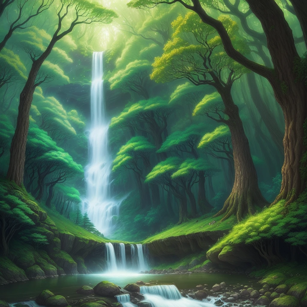 Enchanting illustrations of the enchanted forest, showcasing towering trees with sparkling leaves, shimmering waterfalls, and mystical creatures hidden within the foliage.