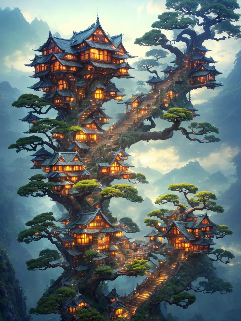 there is a tree house on a hill with stairs leading to it, bonsai tree house, fantasy matte painting,cute, ross tran. scenic background, tree house, beautiful render of a fairytale, cyberpunk tree house, made of tree and fantasy valley, fantasy house, treehouse, trending on artstation pixiv, mobile wallpaper, anime background art, greg rutkowski studio ghibli