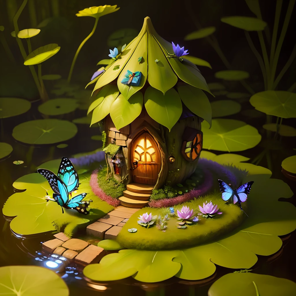small fairy house on a lilypad in a mythical Forest with fairys and butterflies around it
