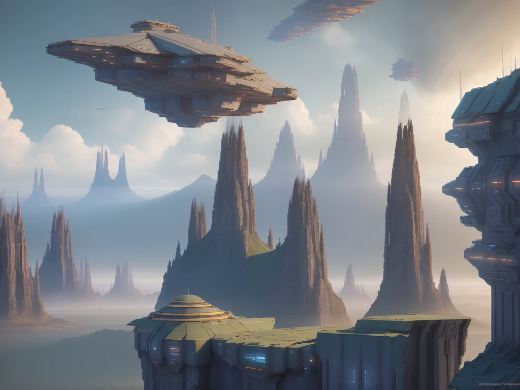 spaceships flying over a futuristic city in a sci - fi environment, in fantasy sci - fi city, sci-fi fantasy wallpaper, ancient sci - fi city, huge futuristic temple city, an alien city, jessica rossier fantasy art, sci - fi landscape, sci-fi landscape, sci fi landscape, sci-fi fantasy desktop wallpaper, beautiful sci fi art