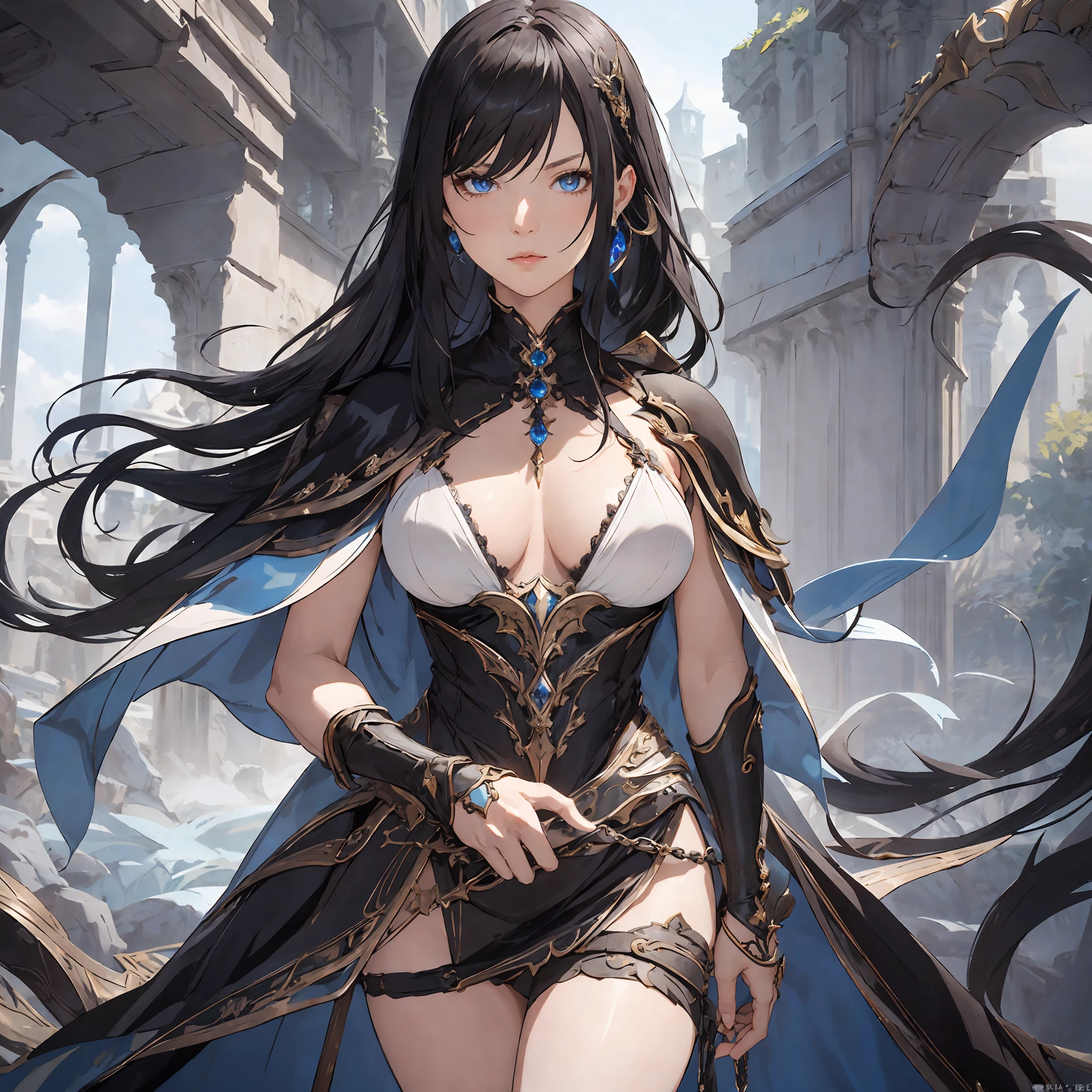 masterpiece, best quality, 1woman, adult, older MILF, female focus, solo, black hair, long hair with fringe, vibrant blue eyes, looking at viewer, cape, High quality metal texture, closed mouth, bangs, high collar,(kbxll:0.6), Fantasy aesthetics, Highly detailed, shadowverse style, black dress