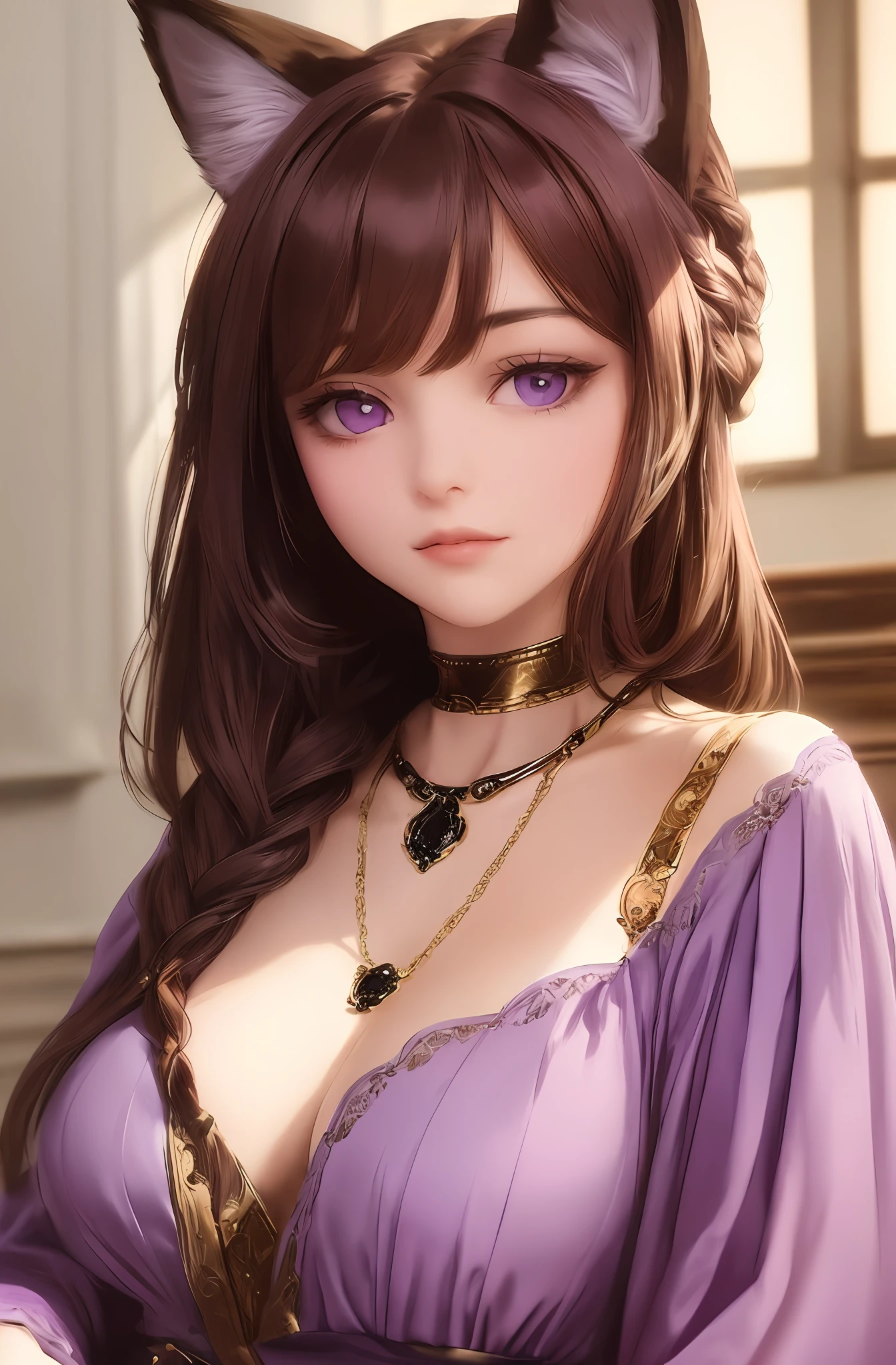 (prompt) Best quality, masterpiece: portrait of a woman with braided bronze brown hair, purple eyes and wearing a deep 1920s neckline, with cat ears - relaxed and elegant style with soft lighting and soft shadow.