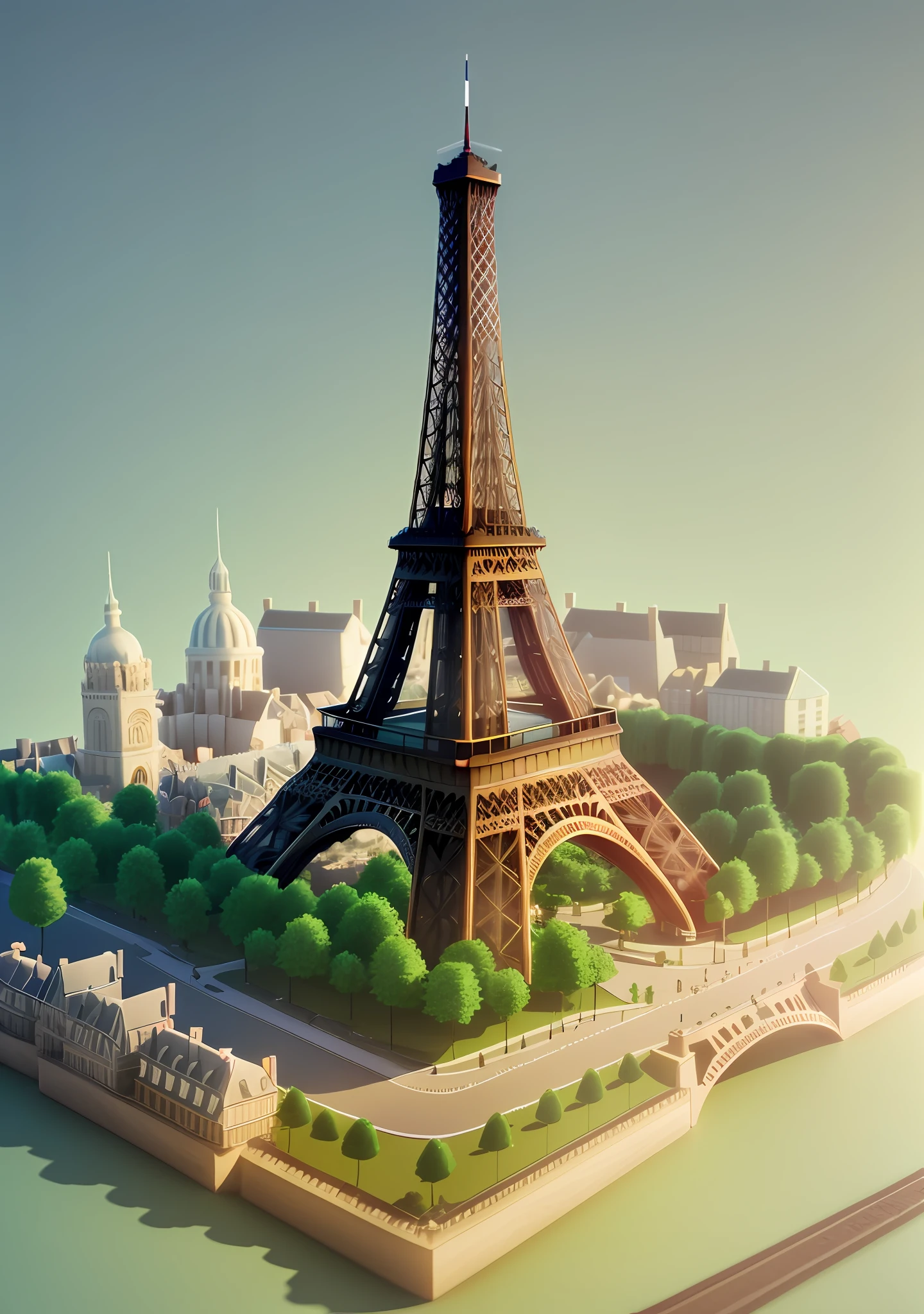 Eiffel Tower, cute 3d, surrounded by pretty trees, surrounded by 4-storey Haussmanian buildings, kawaii, isometric, highly detailed, 4k, cartoon, casual, gameart