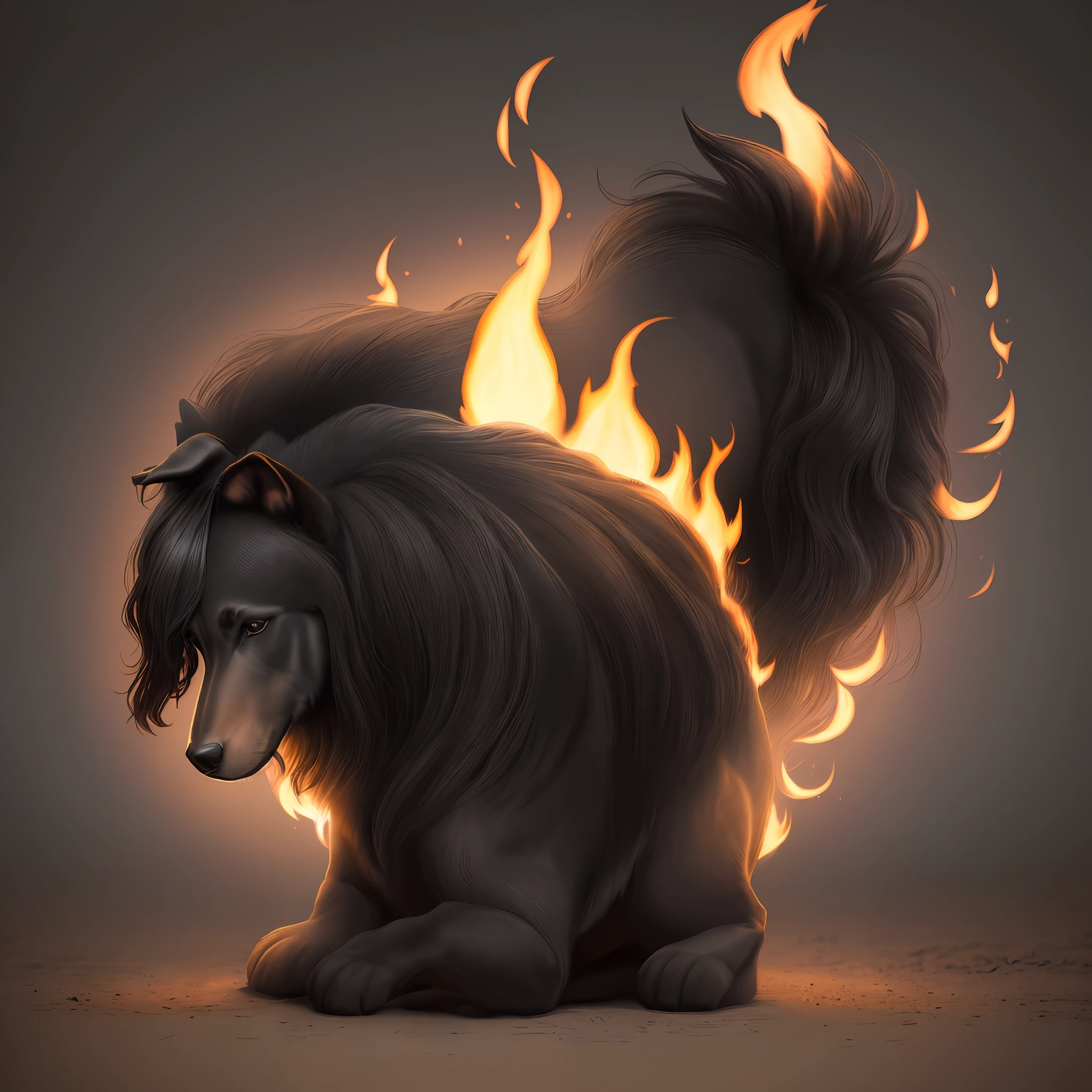 The withers and tail of the dog burned with a black flame, the mane was black