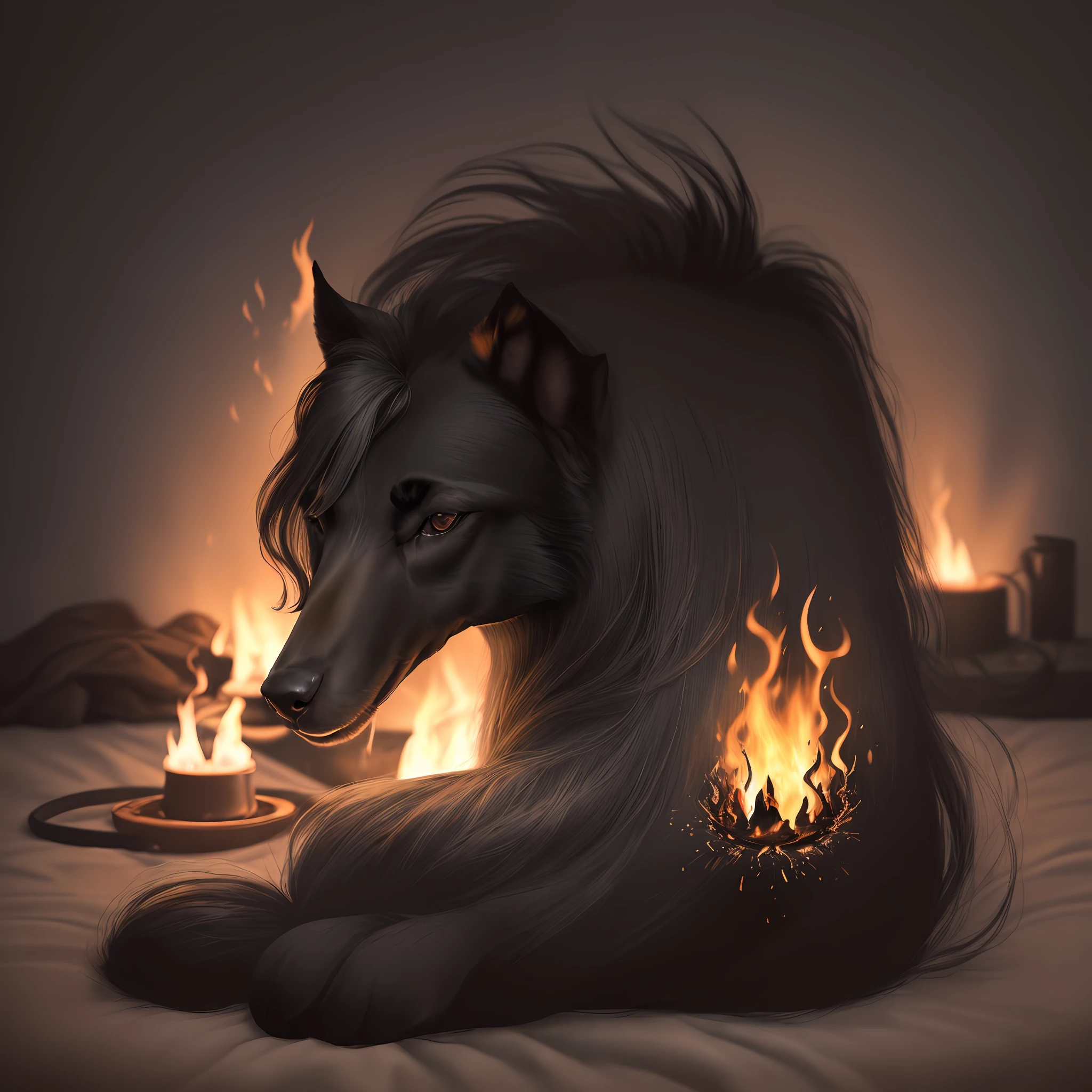 The withers and tail of the dog burned with a black flame, the mane was black