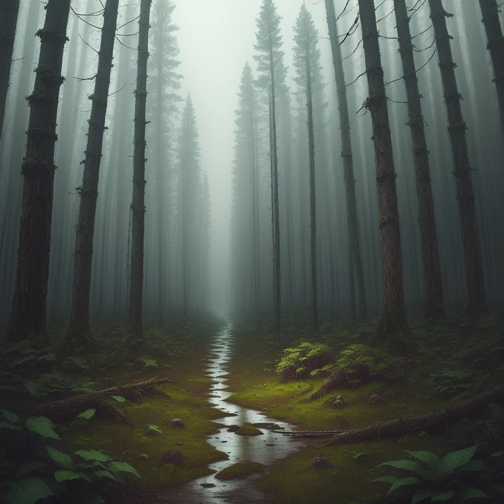 Lonely, sad, sky, rainy forest, (very detailed), highly detailed, messy, (behind a devil is war), ancient