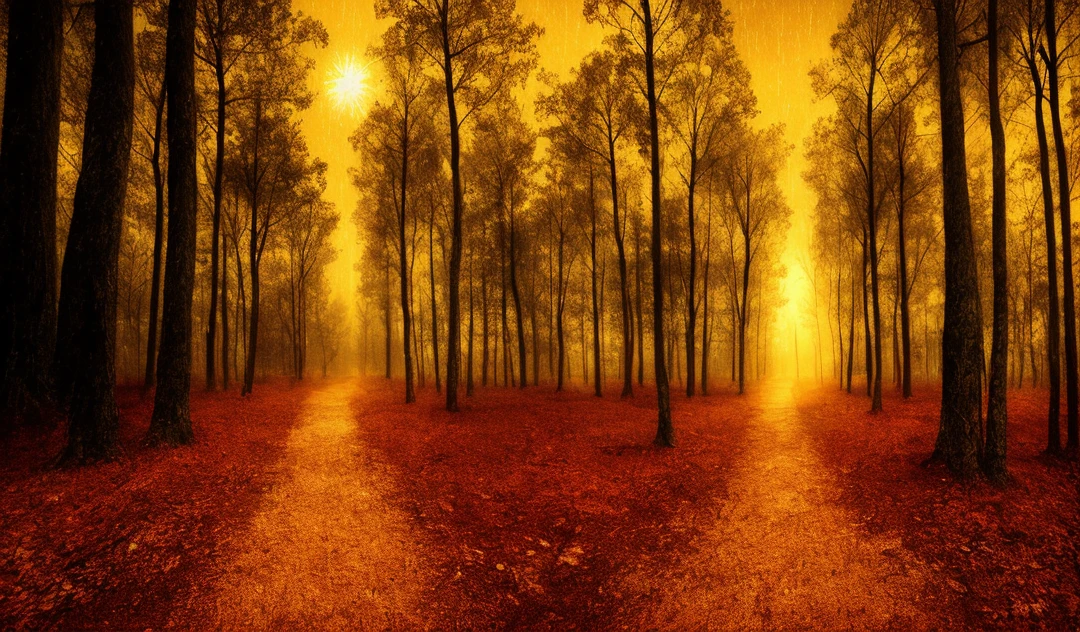 Gloomy forest, raining, sun in the background of the sky, hope in the end, detailed, pattern path, HD, artistic, Photoshop, professional, warm colors highlighted with warm colors in the background