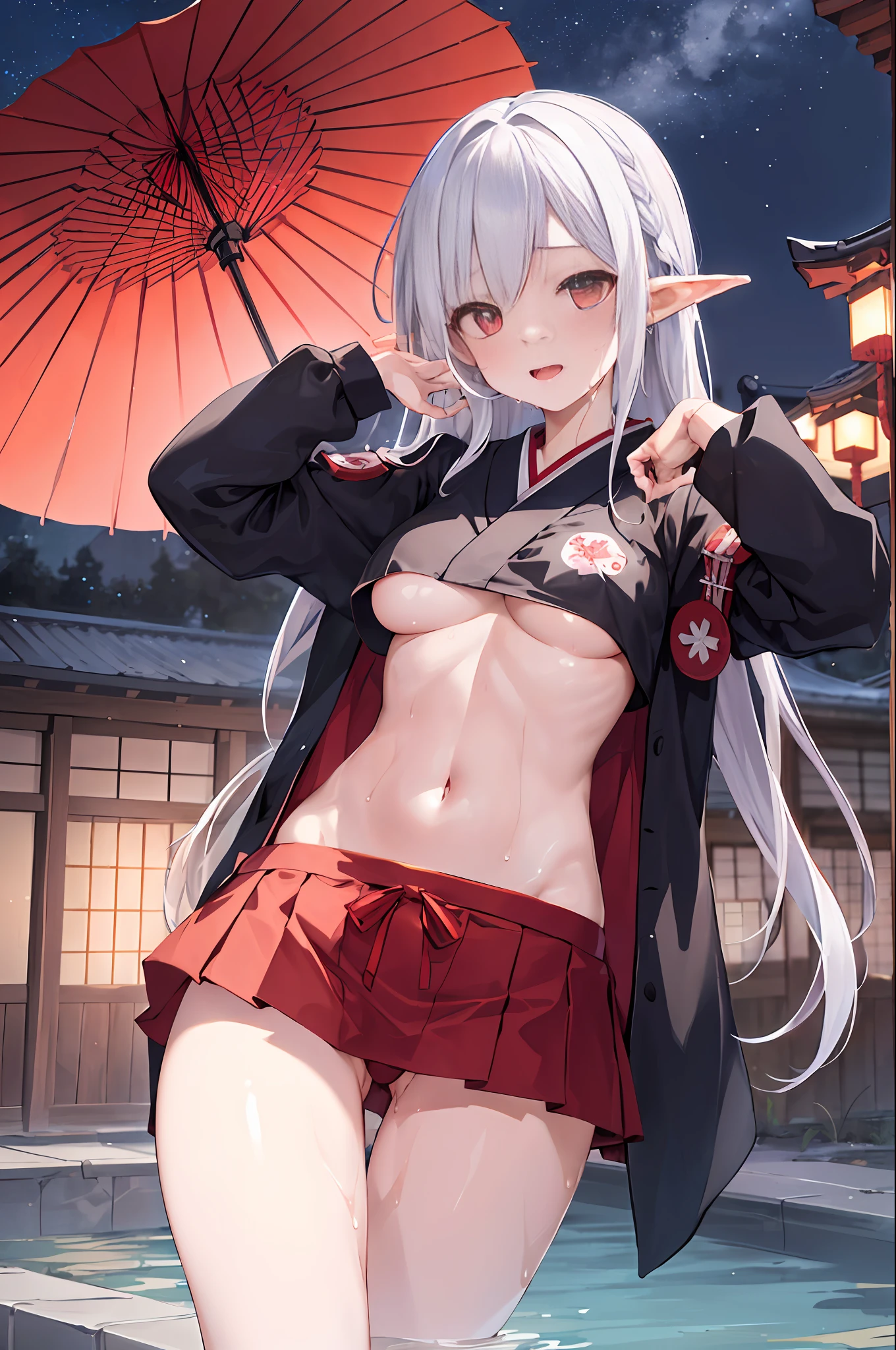 1girl, wet, night, starry_sky, star_\(sky\), wet_clothes,school uniform,((cowboy shot)),pale skin,wet skin,navel,((underboob)),night_sky,building, long_hair, solo, sky, red_eyes, elf, pale skin,braid, wafuu, silver_hair, traditional japan, , house, looking_at_viewer, wet_shirt,pleated miniskirtbare_thighs,bare_waist_red_hakama,miko, japanese temple, very_long_hair,((gohei))