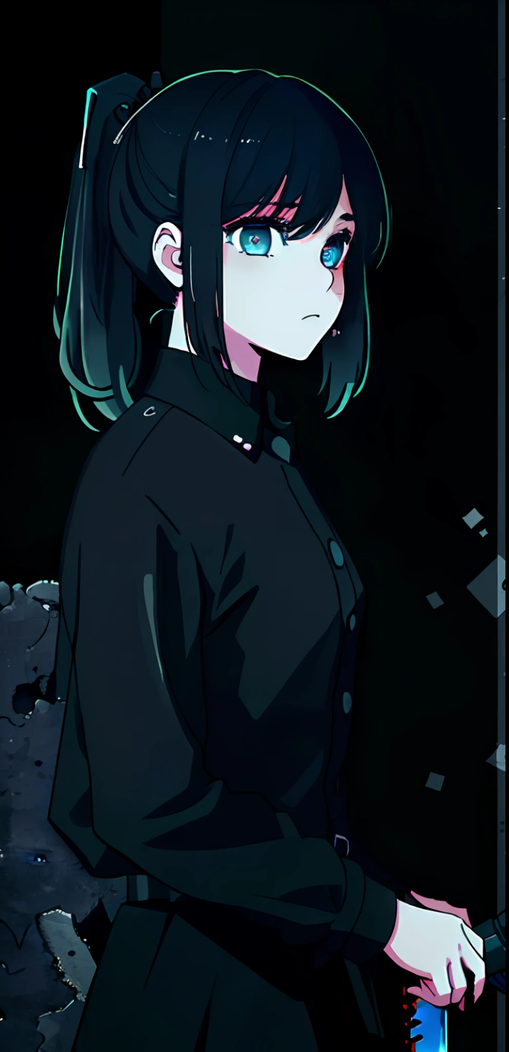 1girl, solo, thoughtful, thinking, heaviness, hard choice, abstraction, emotions, torment, guilt, closer view, looking at viewer, ponytail, blood, knife, small pupils, ((blue and black colors)), ((blue and black palette)), (((noir))), (((noir style)),