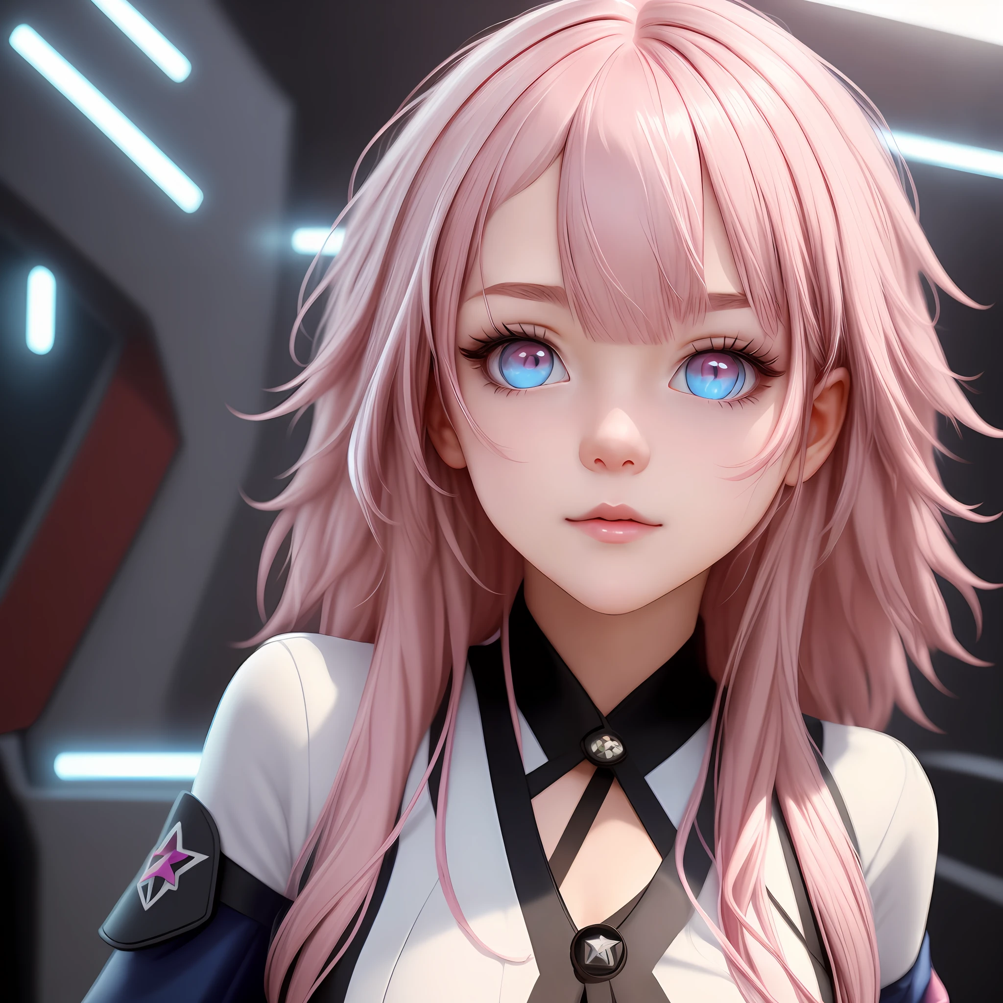 Masterpiece level, highest quality assurance, highlighting the image of 1 girl, official style, fantastic colored eyes and pink hair, elastic skin, moderate medium lens, looking directly at the audience, bright and dark picture and dark corner effect, detailed and charming eyes (pureerosface_v1:0.5), very provocative action, intense star track background, arrogant bangs, horror apocalyptic background, the same color of left and right eyes, cute girl