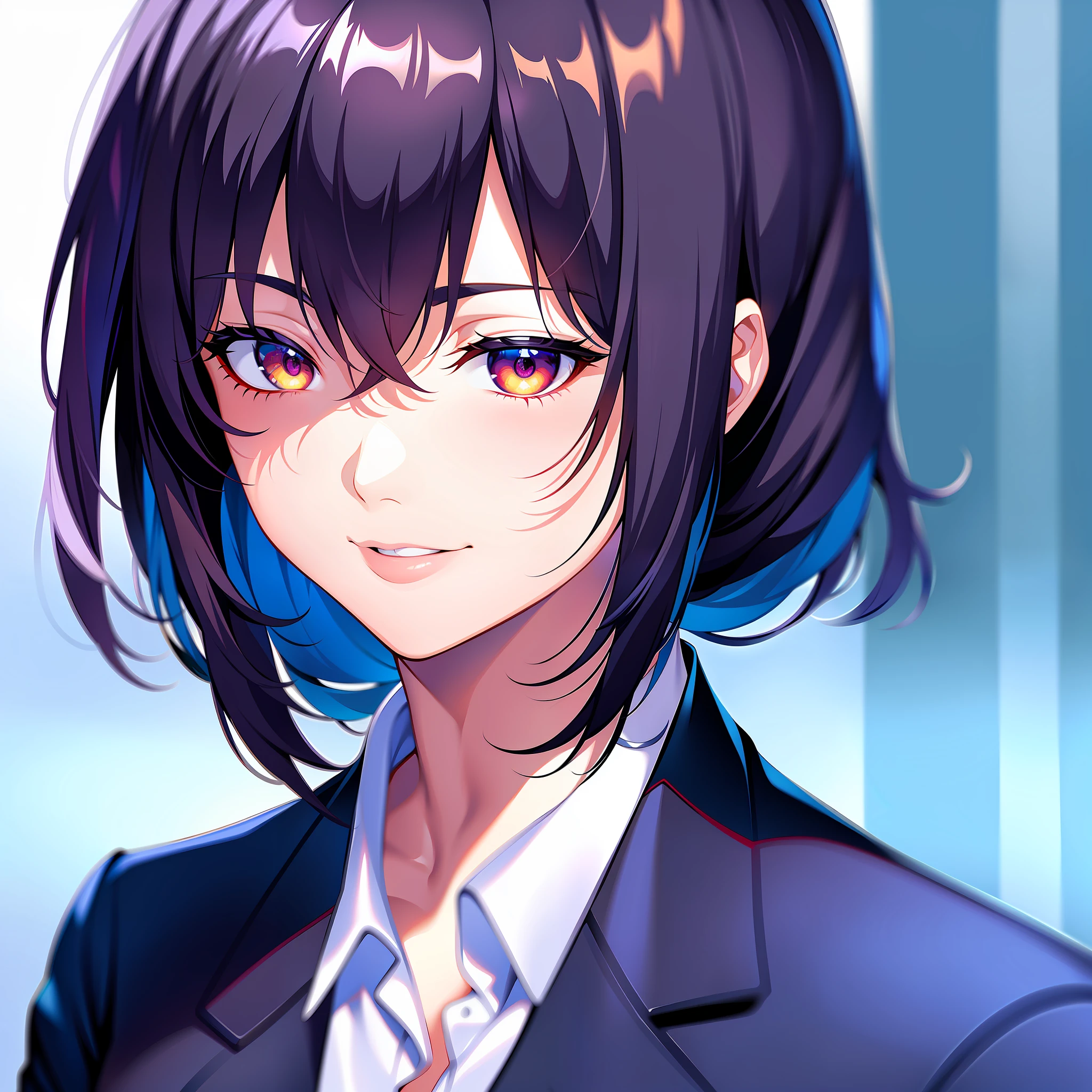 (masterpiece:1. 0), (best quality:1. 4), (ultra highres:1. 2), (photorealistic:1. 4), (8k, RAW photo:1. 2), (soft focus:1. 4), 1 woman, posh, (sharp focus:1. 4), Motoko Kusanagi, detailed beautiful face, black hair, (detailed open blazer:1. 4), tie, beautiful white shiny humid skin, smiling