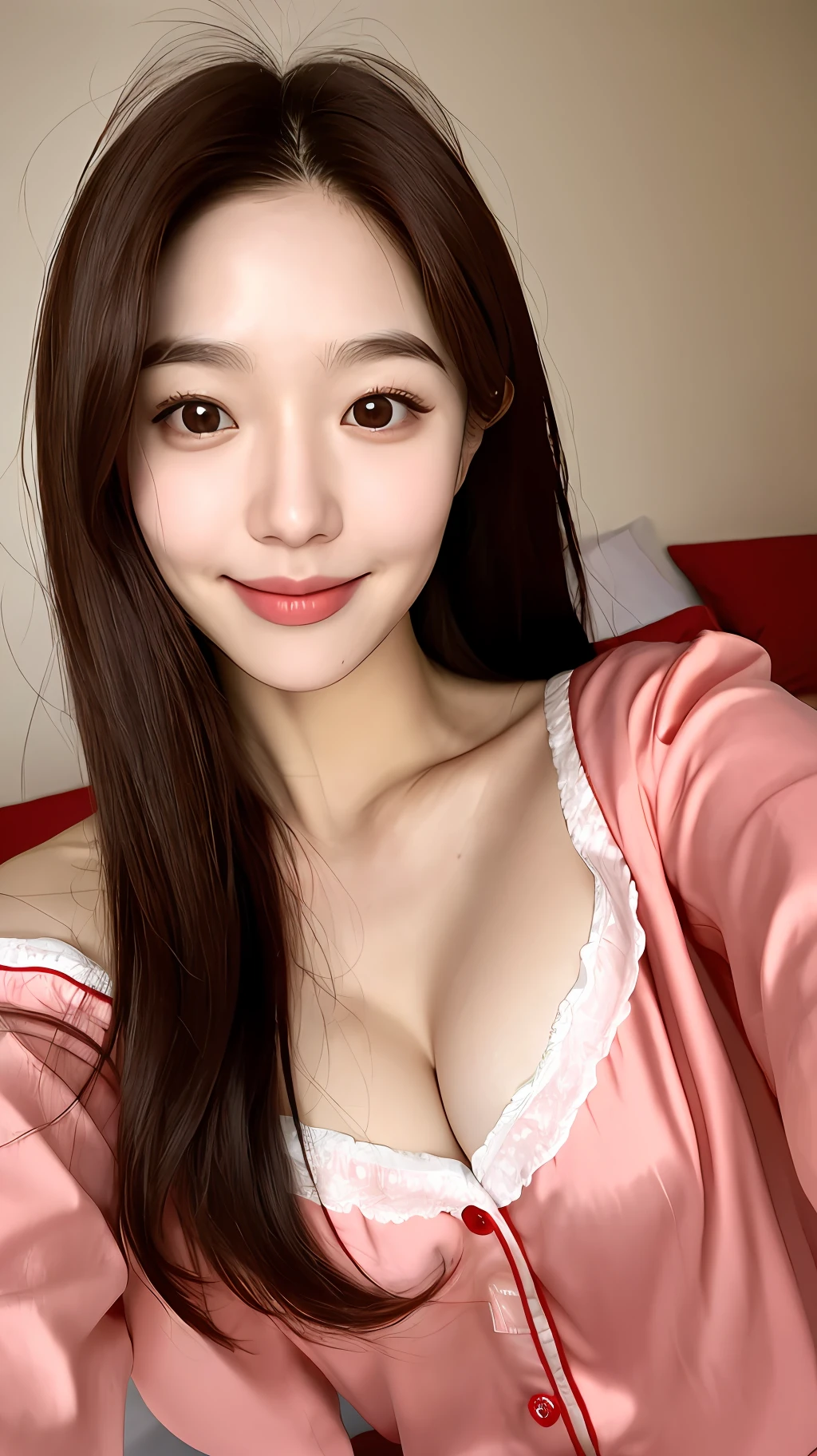 realistic photos of (1 cute Korean star) Shoulder-length hair, thin makeup, medium breasts size, slightly smile, pyjamas, red lying on the bed, selfie,  clear facial features of Canon EOS, 16K high resolution, sharp and realistic details.