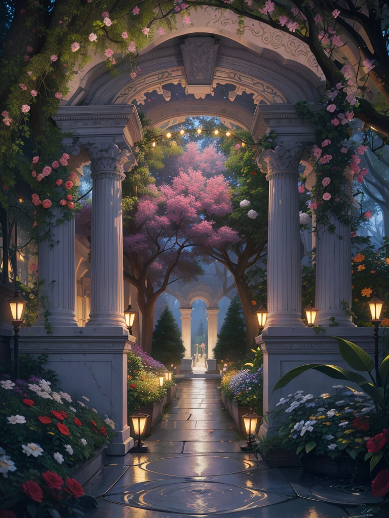 White columns and arches, garden with many colorful flowers surrounded by trees with curved branches, lilac evening, backlighting, flashlights, fireflies, golden sparks, marble walkway with golden patterns, super detailing,  cinematic lighting, soft textures, digital painting, rich 3d rendering, hyperrealistic painting, 8k, hd, masterpiece, premium photography, depth of field, photorealism, very detailed, Midjourney v5+ Lexica